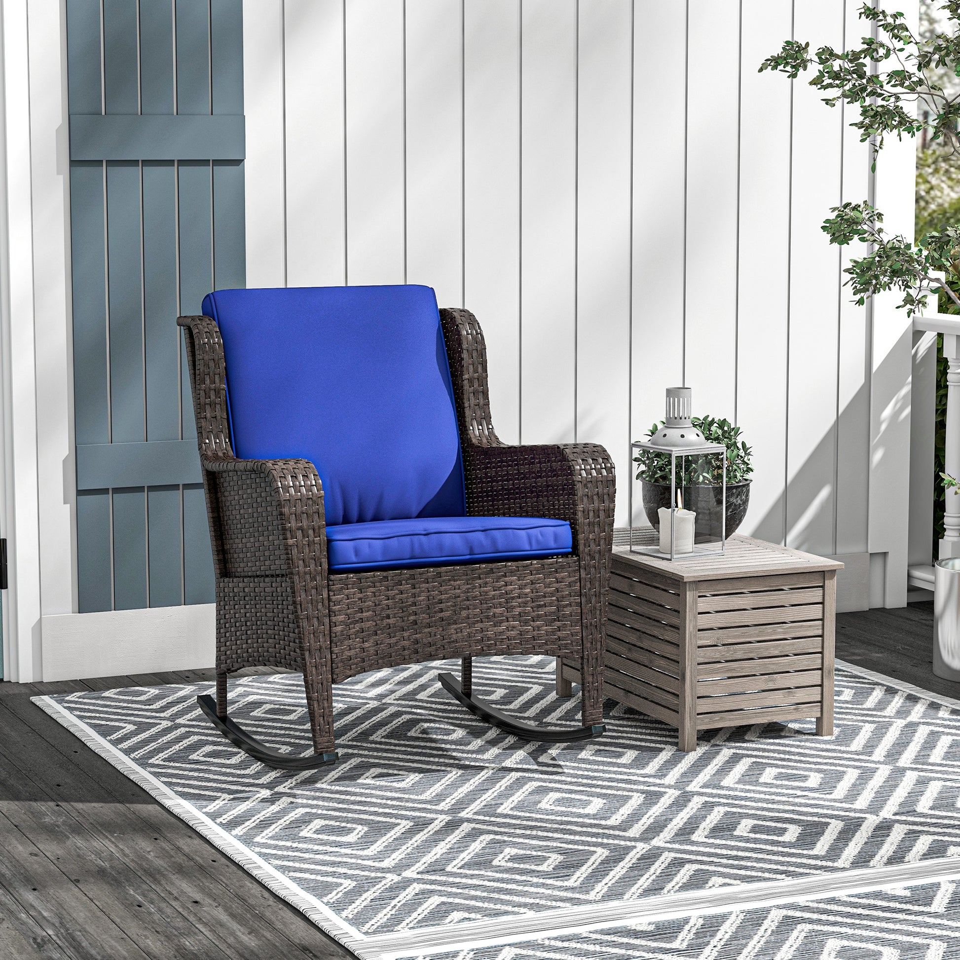 Outsunny Outdoor Wicker Rocking Chair With Wide Seat, Thick Cushions, Rattan Rocker With Steel Frame, High Weight Capacity For Patio, Garden, Backyard, Dark Blue Blue Steel