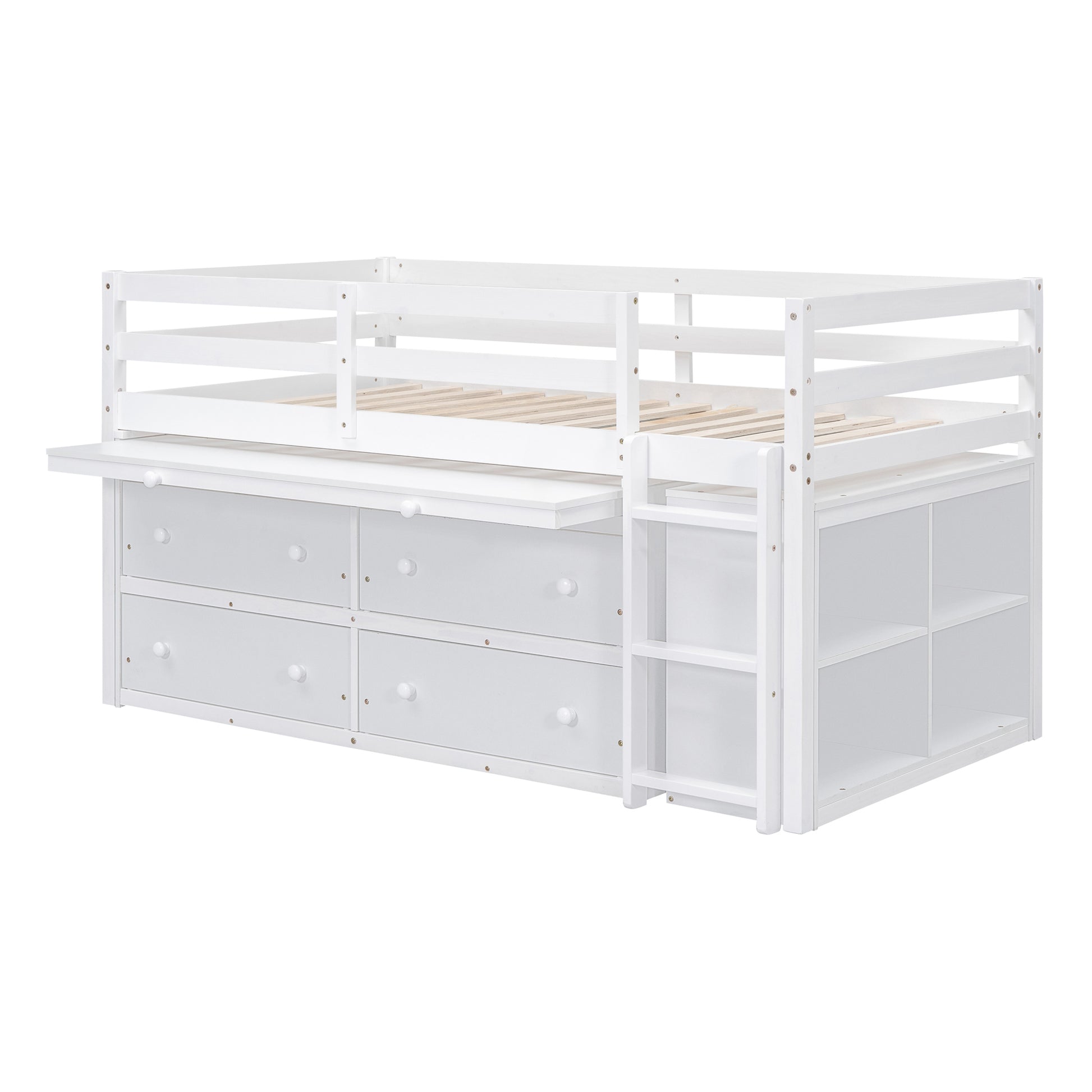 Twin Size Loft Bed With Retractable Writing Desk And 4 Drawers, Wooden Loft Bed With Lateral Portable Desk And Shelves, White White Solid Wood Mdf