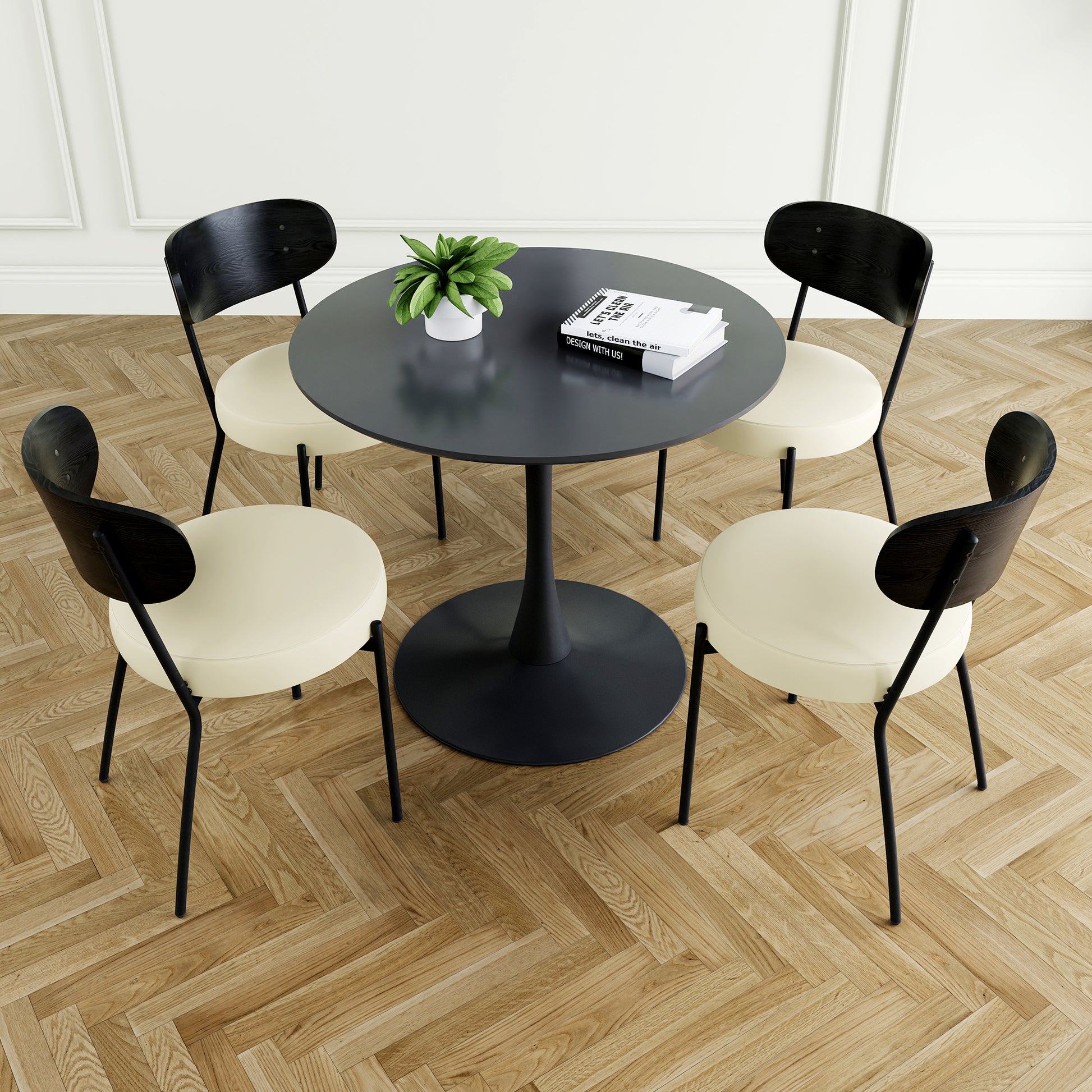 Modern Grey Simple Pu Dining Chair Upholstered Chair Family Bedroom Stool Back Dressing, Black Round Table Set, Bentwood Covered With Ash Veneer Chair Back, Chair Black Metal Legs Set Of 5 Black Mdf