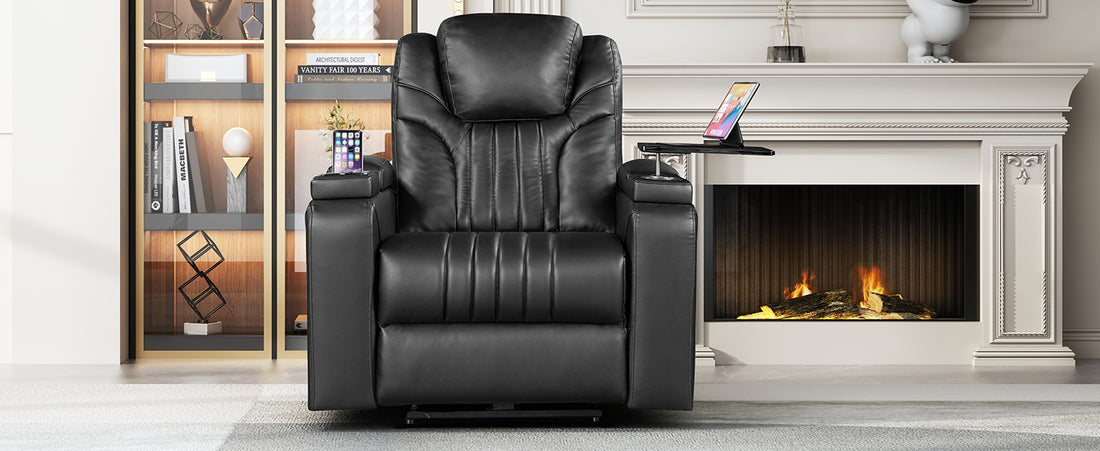 Pu Leather Power Recliner Home Theater Recliner With Power Adjustable Headrest, Wireless Charging Device, Usb Port, Storage Arms, Cup Holder And Swivel Tray Table For Living Room, Black Black Foam Pu Leather