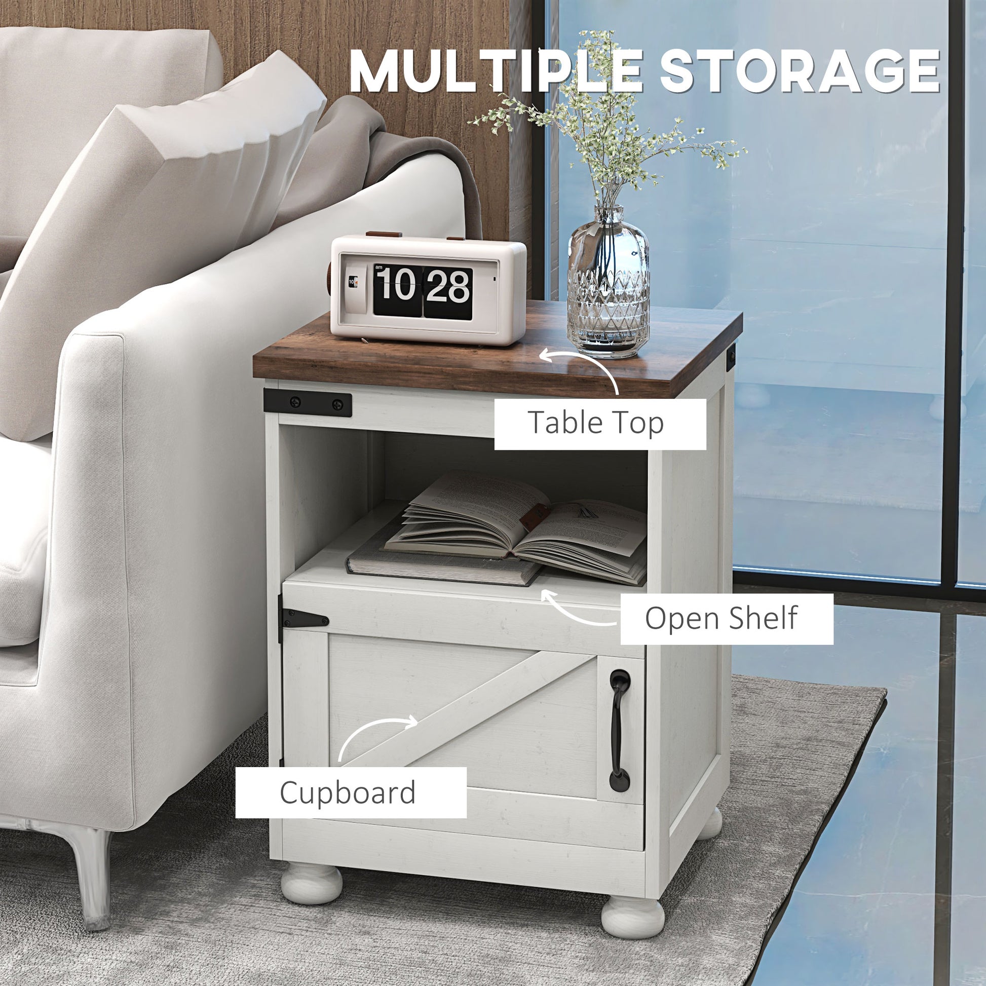 Homcom Small Side Table With Storage, Farmhouse End Table With Open Shelf And Cupboard, Modern Sofa Table With Wood Legs For Living Room, White White Particle Board