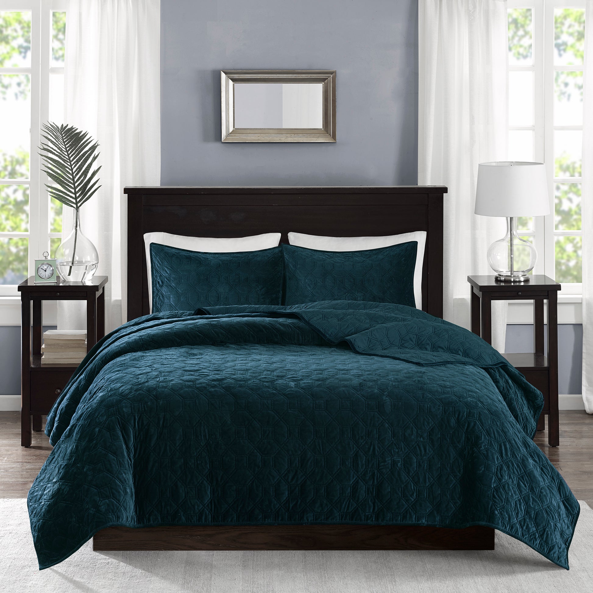 3 Piece Velvet Quilt Set Teal King Cal King King Teal Cotton