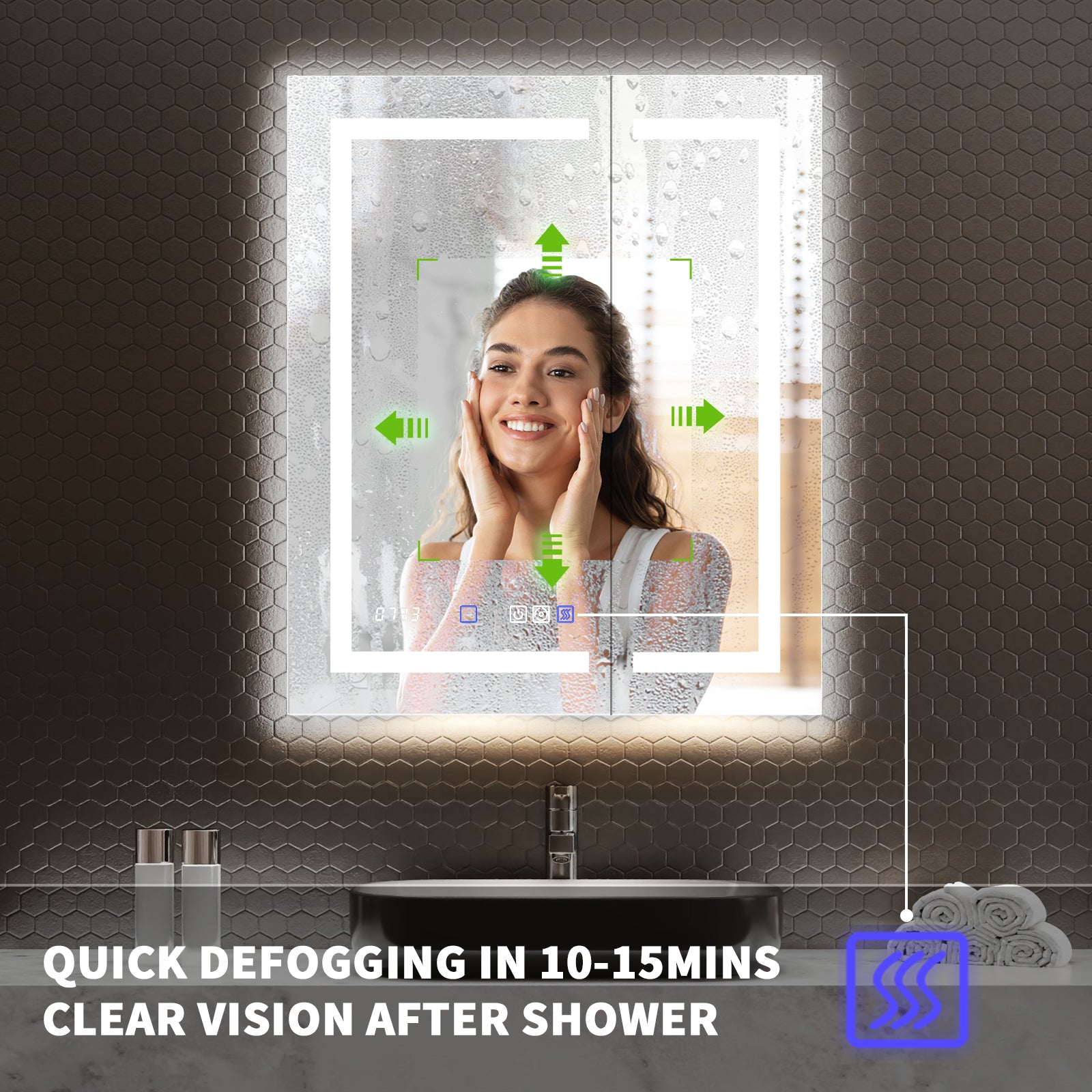 30 X 36 Lighted Medicine Cabinet With Mirror, Front & Backlit Led Medicine Cabinet, Clock Temp Display, Defog,10X Magnifier, 3 Colors Temper Dimmable, Surface Or Recessed Mount, Door Wide Open