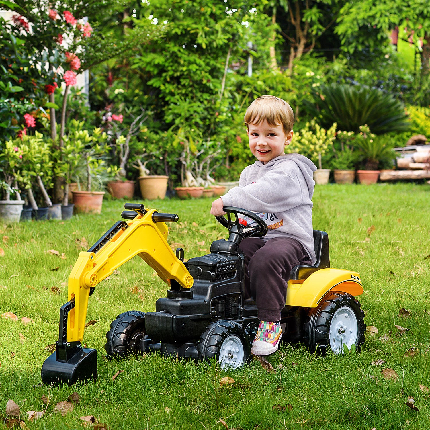 Aosom Kids Ride On Excavator, Pedal Digger, Construction Truck With Horn For Kids And Toddlers 3 , Yellow Yellow Iron Plastic