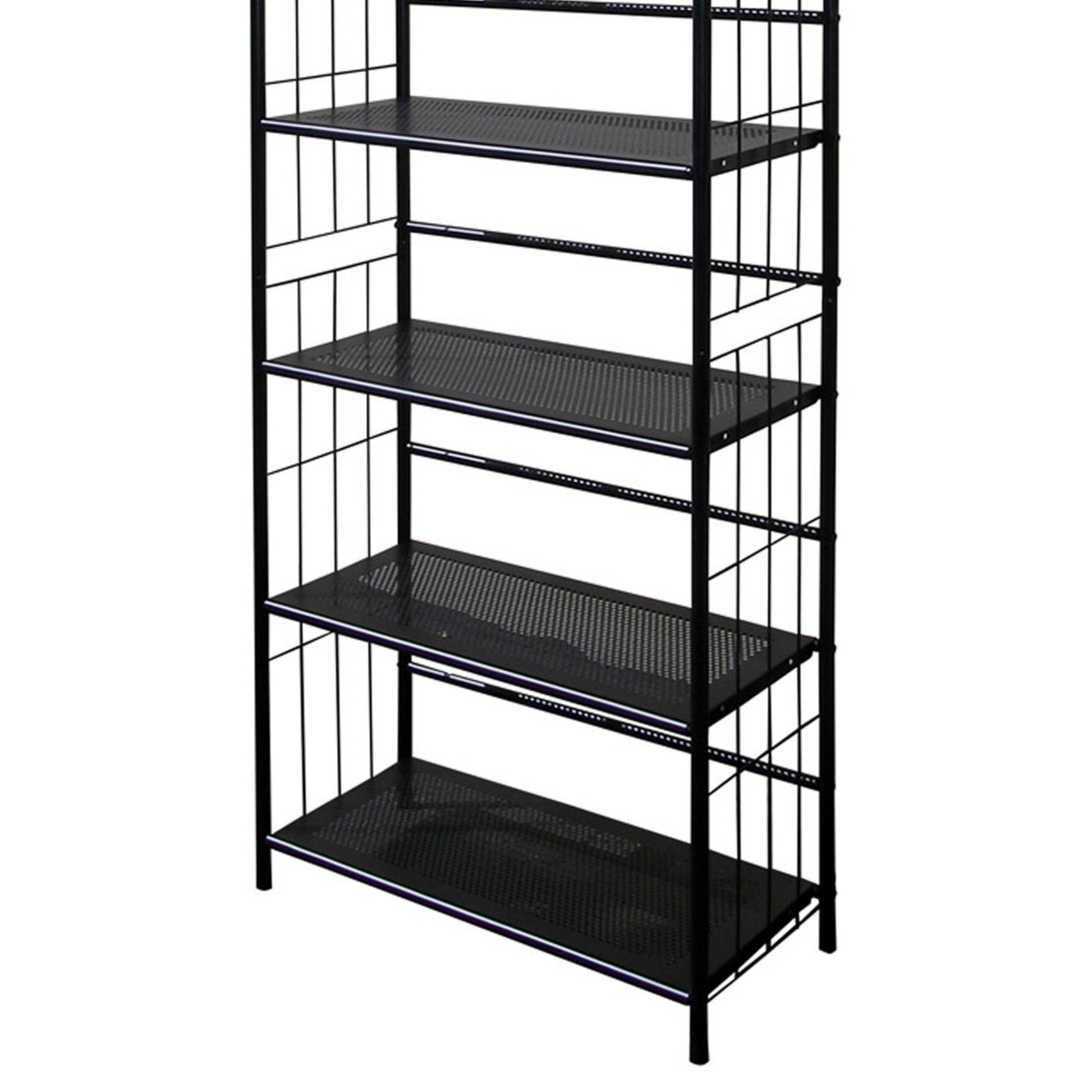 64" Tall 5 Tier Corner Metal Bookcase Book Shelf, Black Finish Black Wood