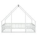 Full Wood House Shaped Floor Bed With Fence, Guardrails,White Full White American Design Pine