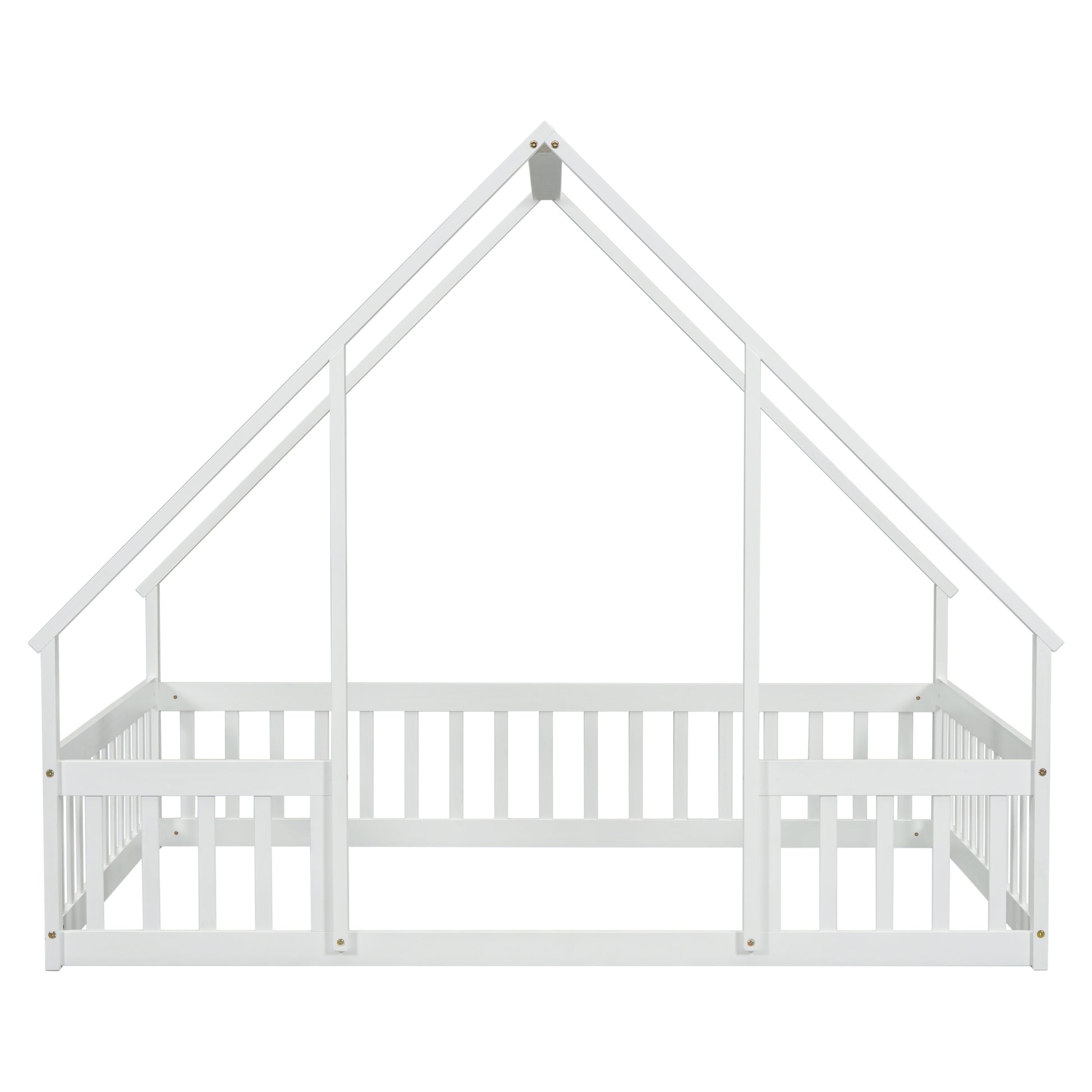 Full Wood House Shaped Floor Bed With Fence, Guardrails,White Full White American Design Pine