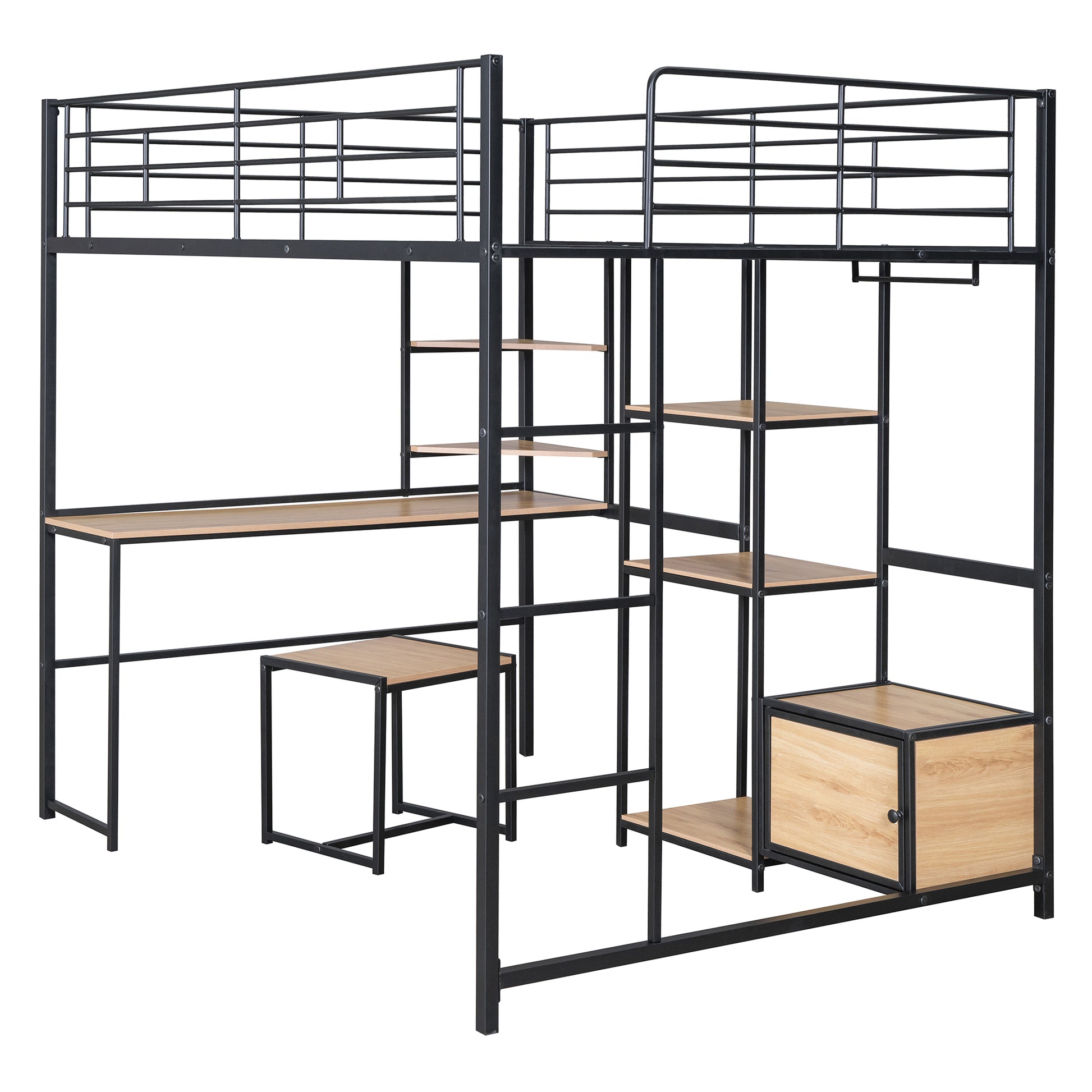 Full Size Loft Bed With Desk And Stool, Metal Loft Bed With Open Style Wardrobe, Shelves And Cabinet, Black Full Black Metal & Wood