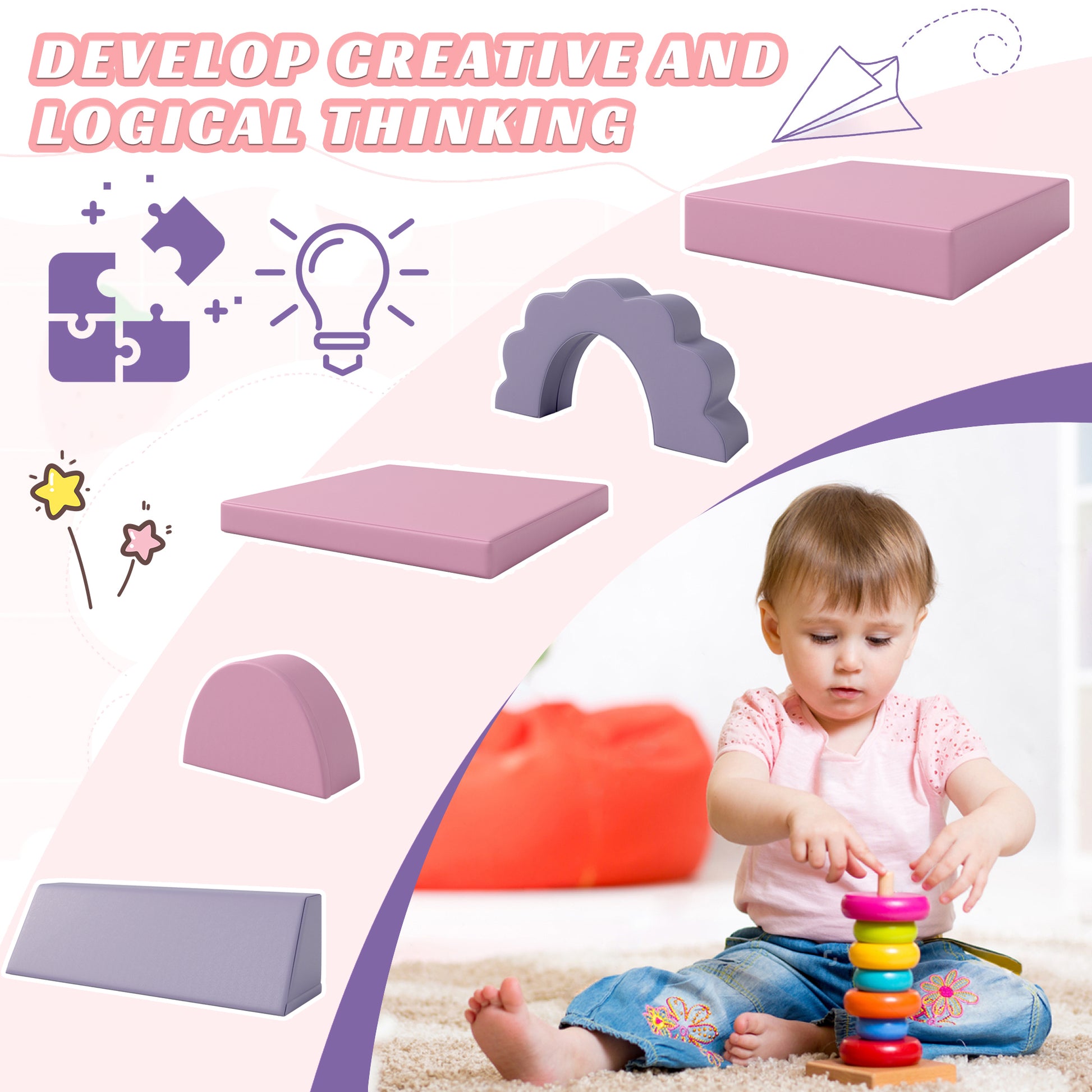 10Pcs Kids Couch For Playroom, Baby Climbing And Crawl Foam Play Set, Foam Climbing Blocks Convertible Sofa ,Kids Play Couch, Indoor Climbing Structure For Toddlers, Infant, Kids, Pre School Pink Foam