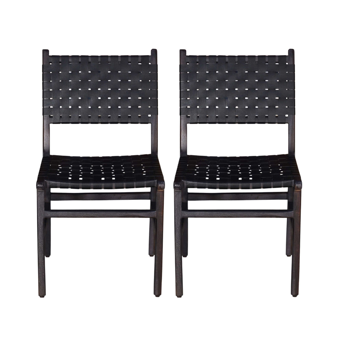 Upholstered Dining Chair Set Of 2, Genuine Leather Woven Side Chair, Rustic Hardwood Frame, Black Wood Geometric Black Dining Room Rectangular Rustic Dining Chairs Set Of 2 Leather Wood