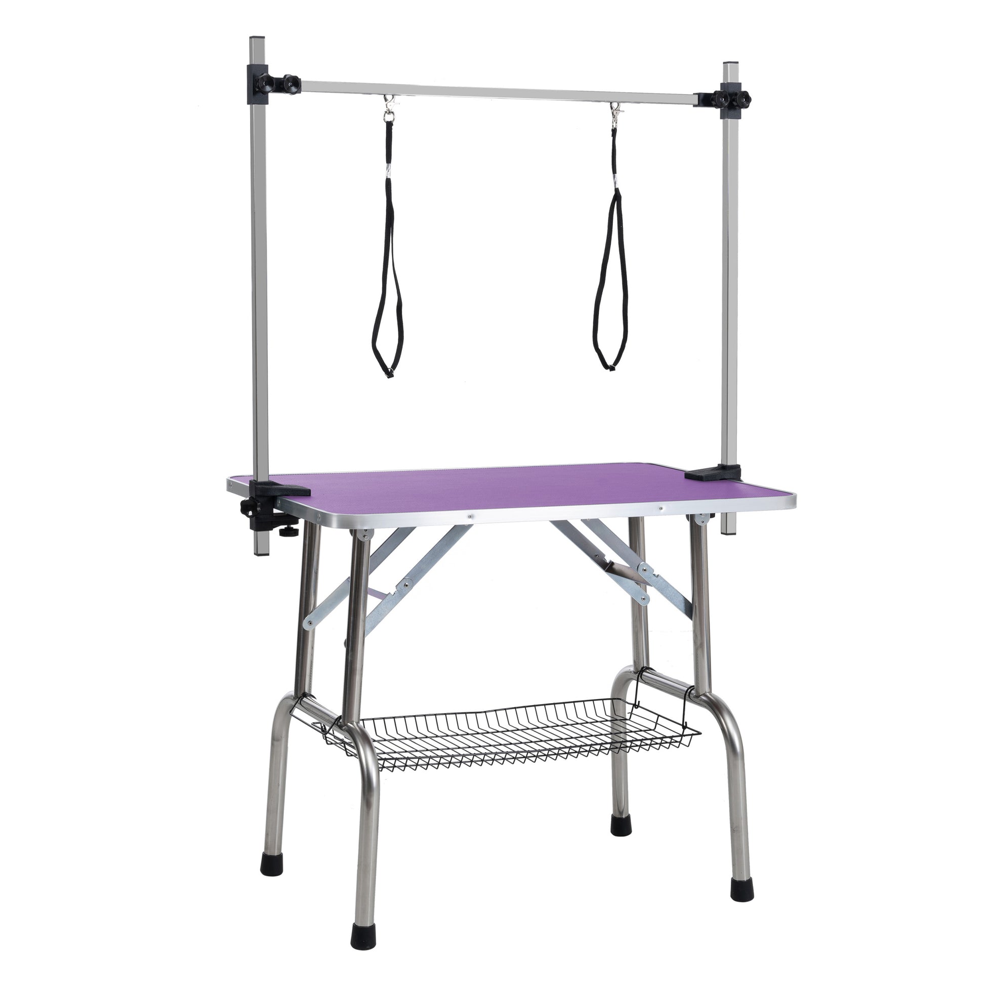 42" Folding Dog Pet Grooming Table Stainless Steel Frame Rubber Mat On Board With Adjustable Arm And Clamps Pet Dog Cat Grooming Table Purple Color Purple Rubber Stainless Steel