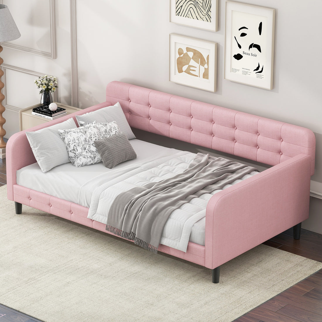 Twin Size Upholstered Tufted Daybed With 4 Support Legs, Pink Box Spring Not Required Twin Pink Wood Bedroom Daybeds Linen Upholstered