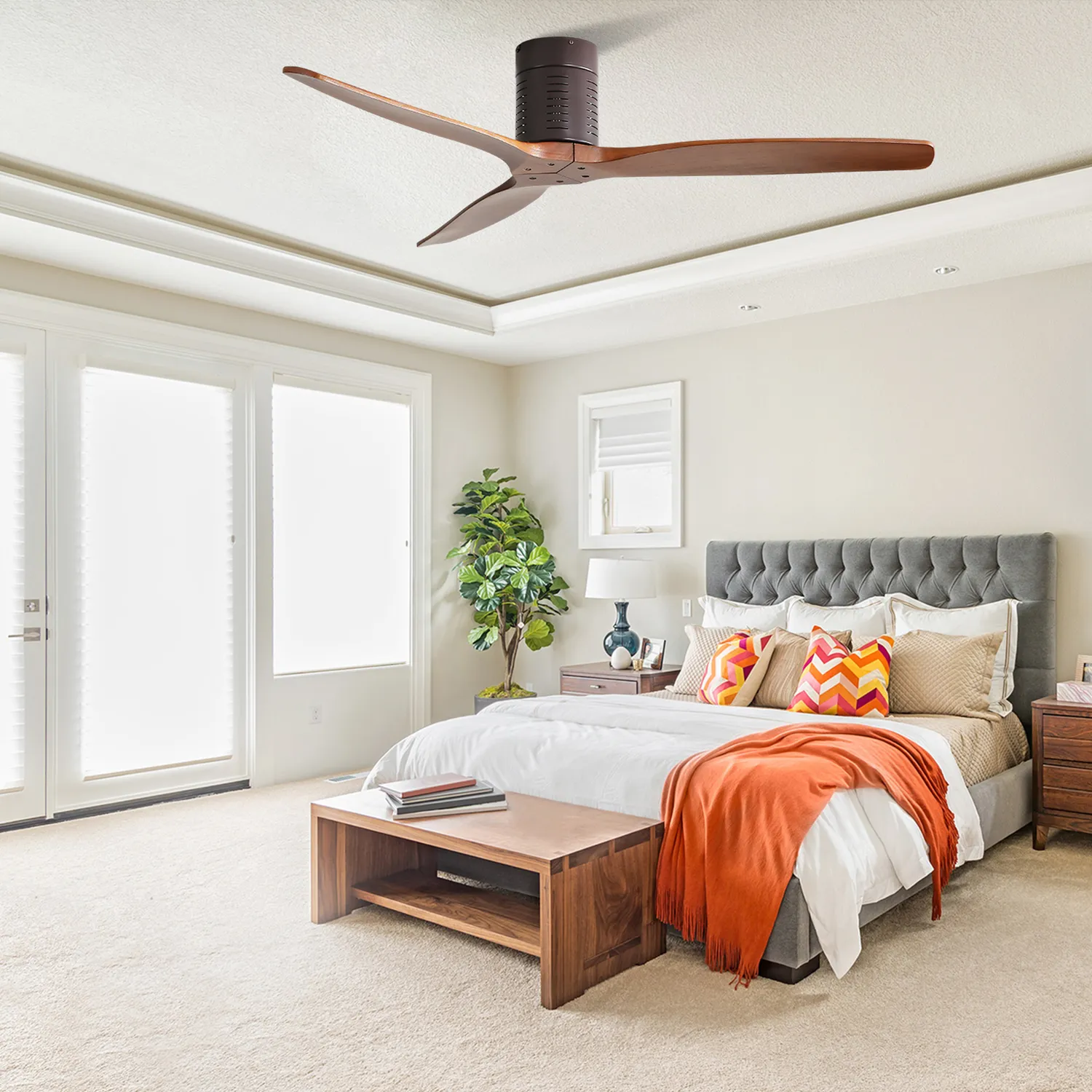 52 Inch Flush Mount Ceiling Fan With Remote Control, 3 Reversible Wood Blades Noiseless Dc Motor Ceiling Fan Without Light Coffee Metal & Wood