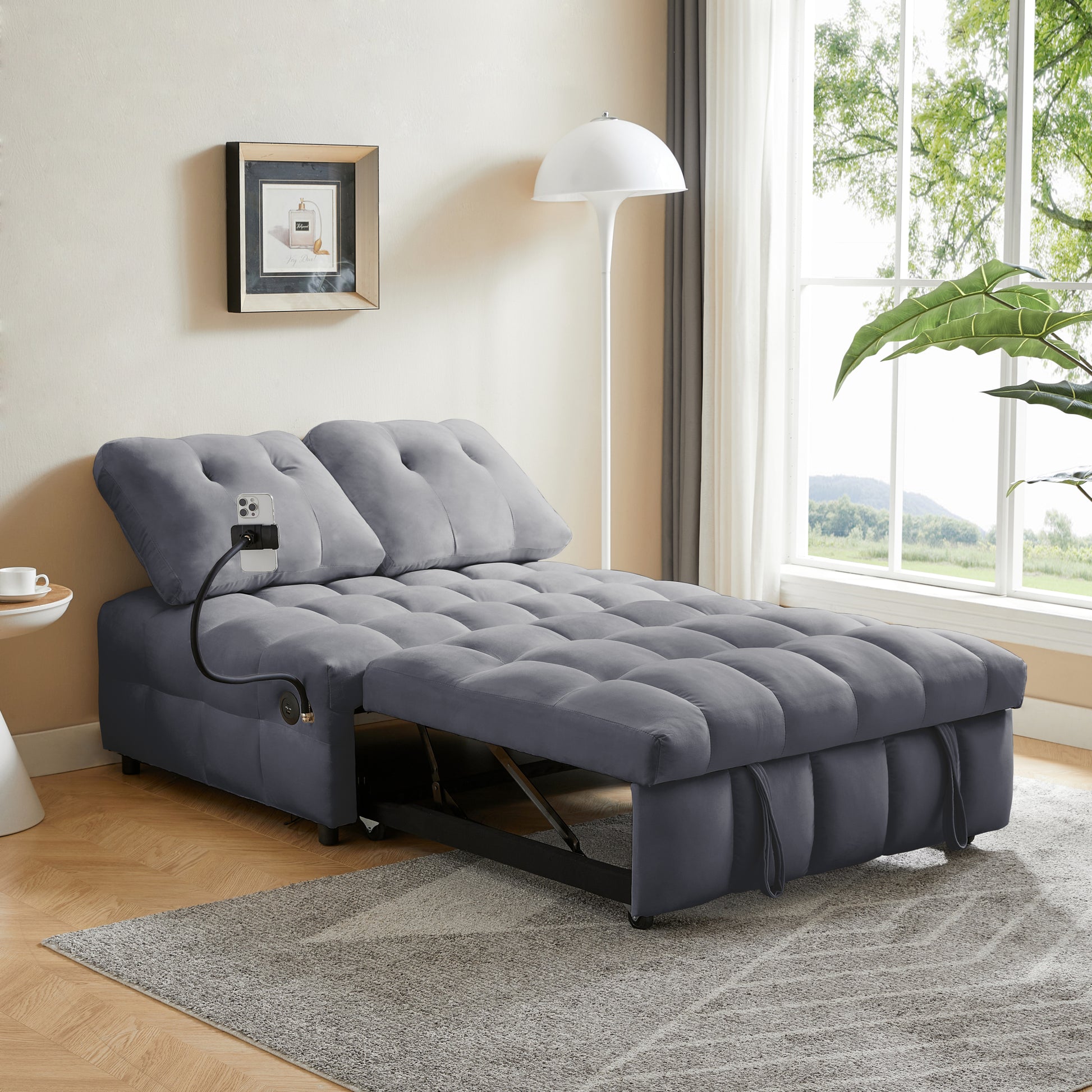 Modern Sofa Velvet Pull Out Bed,Independently Removable Backrest, Have Usb Port And Swivel Phone Stand ,Gray Gray Wood Velvet 2 Seat