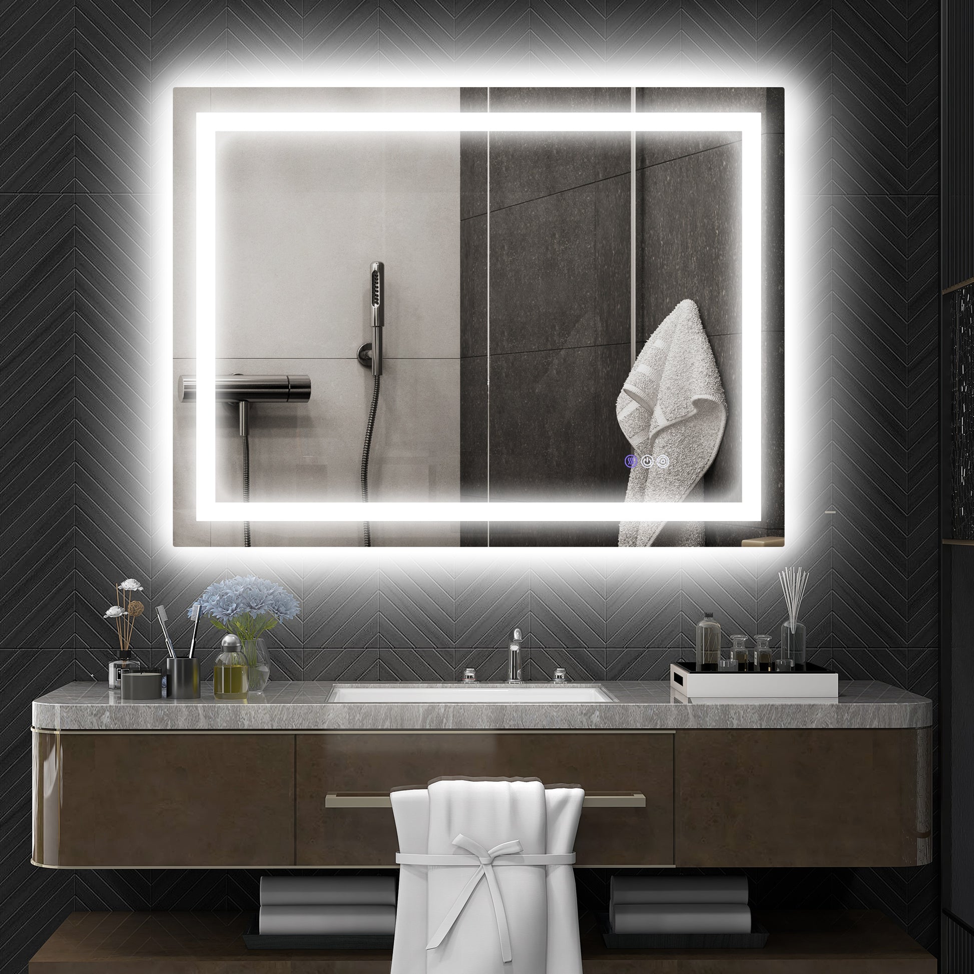 Homcom Led Bathroom Mirror With Lights, 47" X 35" Backlit Front Lit Led Mirror For Bathroom, Anti Fog, Memory, Infinite Color Temperature, Wall Mounted Dimmable Vanity Mirror, Horizontal Vertical