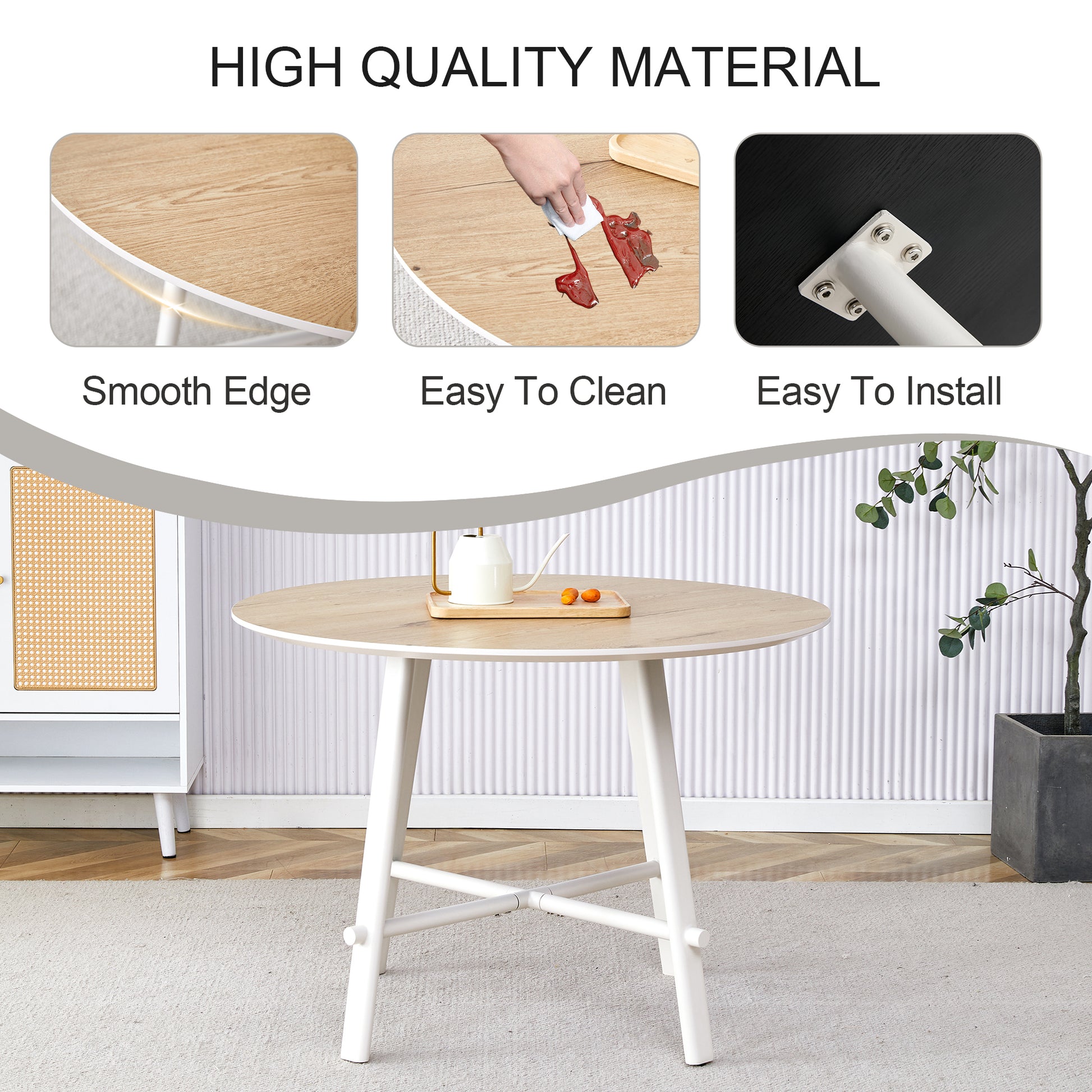 A Modern And Minimalist Circular Dining Table With A 42 Inch Diameter Wood Colorer Patterned Tabletop And White Metal Legs. Suitable For Restaurants, Living Rooms, And Conference Rooms. Brown White Mdf Metal