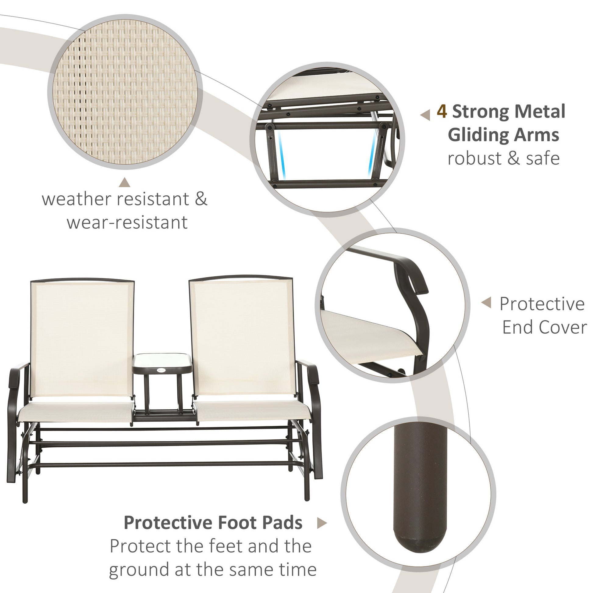 Outsunny Outdoor Glider Bench With Center Table, Metal Frame Patio Loveseat Withmesh Fabric And Armrests For Backyard Garden Porch, Beige Beige Steel