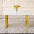 Modern Minimalist Dining Table. White Imitation Marble Glass Sticker Tabletop, Golden Table Legs, Stable And Beautiful. Suitable For Living Room And Dining Room 63