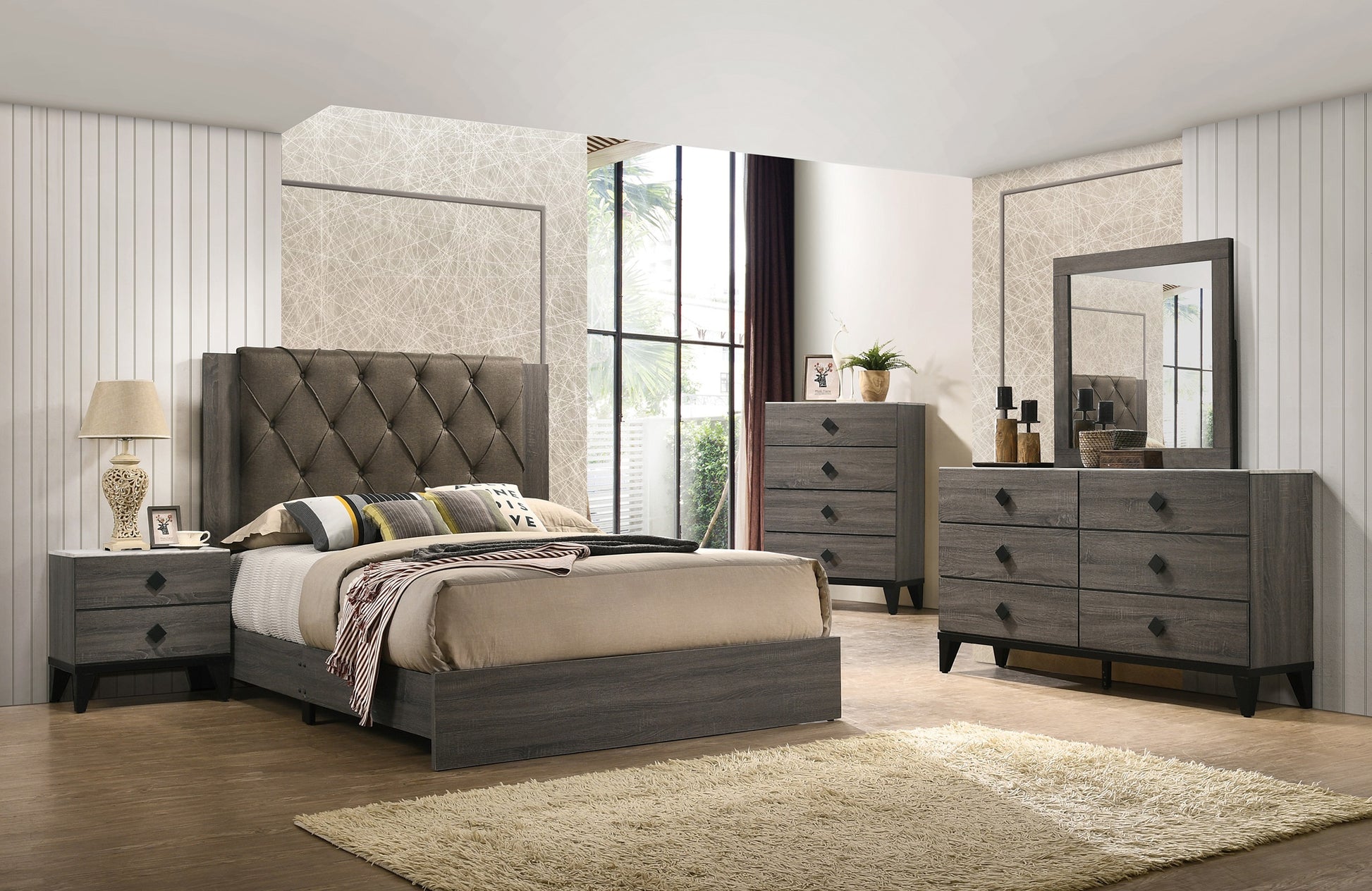 Contemporary 1Pc California King Size Bed Bedroom Furniture Tufted Design Headboard Rubberwood 1Pc Bedframe Gray Finish Box Spring Required California King Gray Wood Bedroom