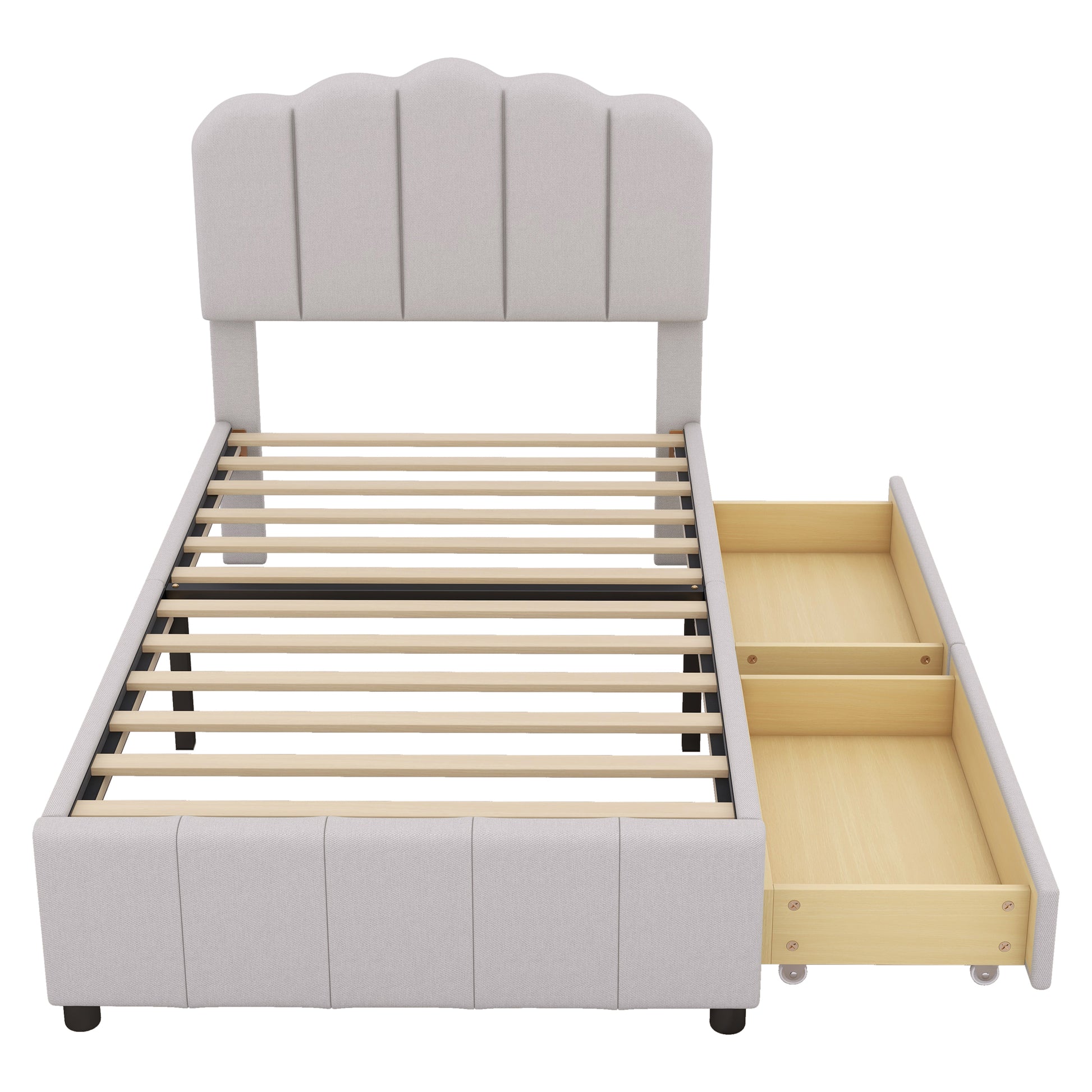 Twin Size Upholstered Bed With 2 Storage Drawers,Wood Slat Support, Beige Twin Beige Upholstered