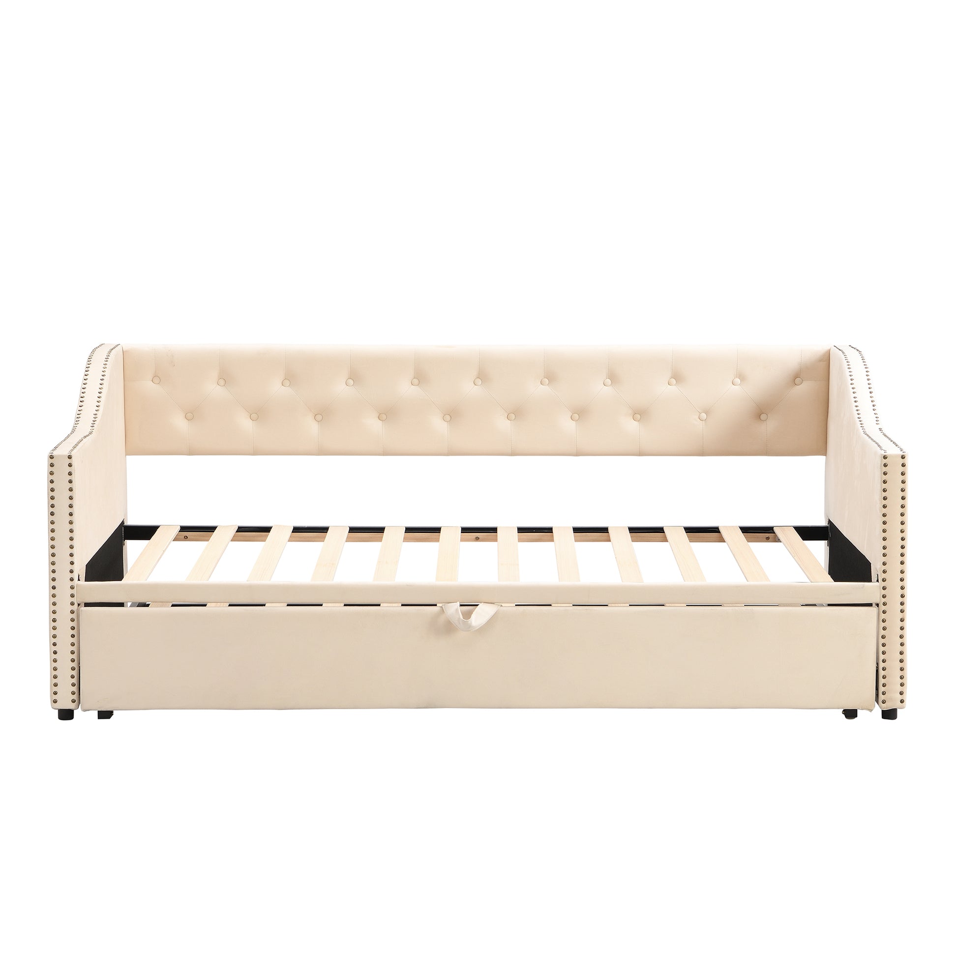 Twin Size Upholstered Daybed With Pop Up Trundle, Beige Twin Beige Upholstered