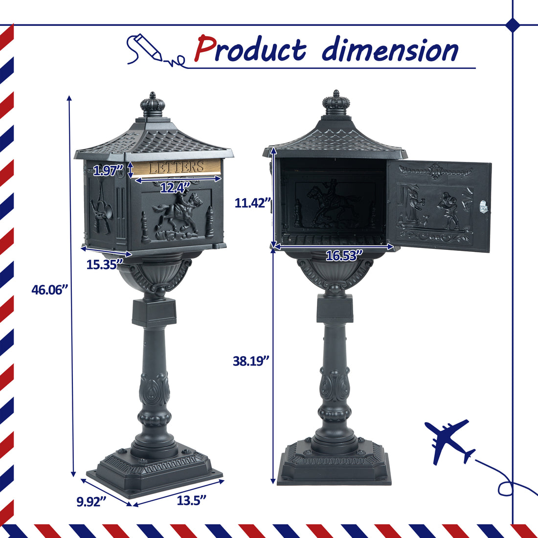 Mailbox Cast Aluminum Black Mail Box Postal Box Security Heavy Duty Black Aluminium