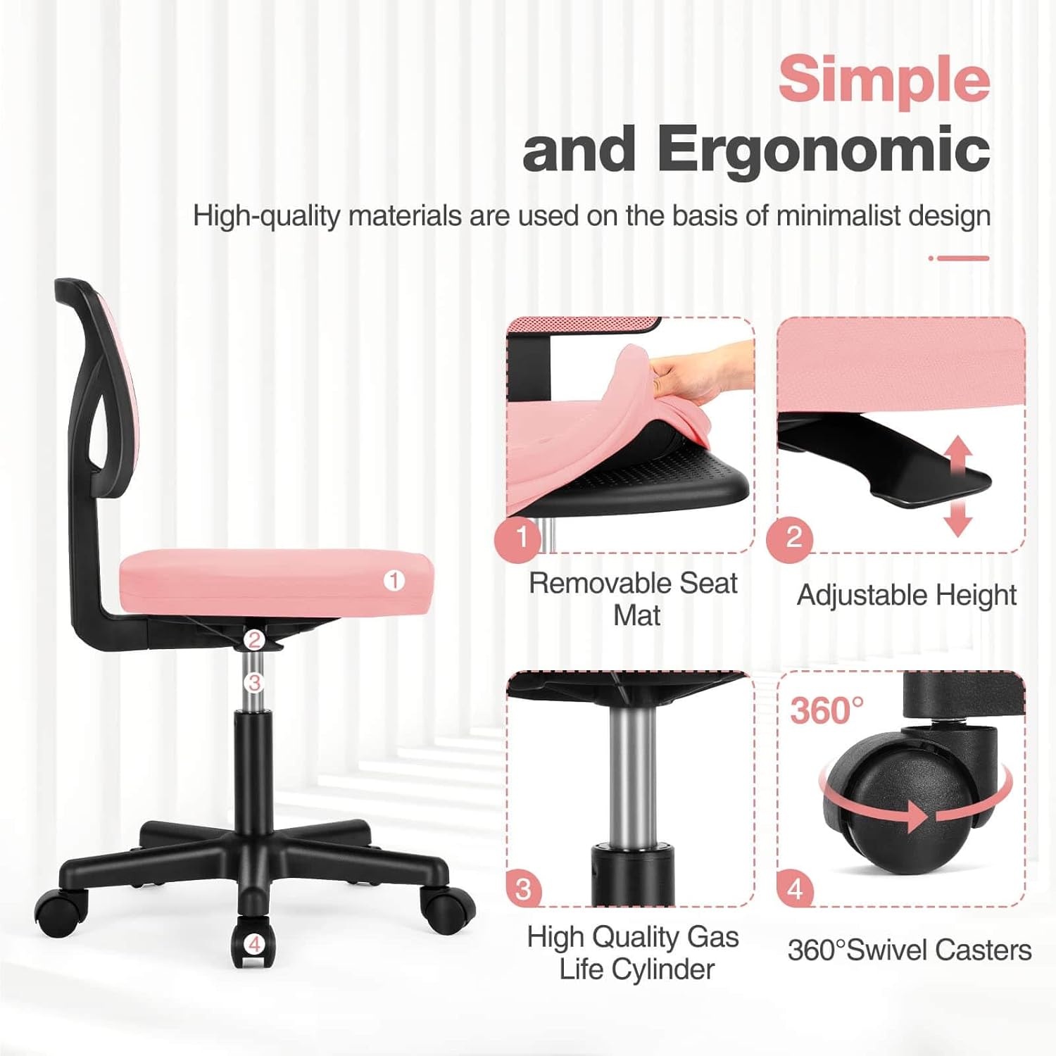 Low Back Mesh Armless Office Chair,Swivel Rolling Computer Chair No Arms With Lumbar Support, Pink Pink Metal