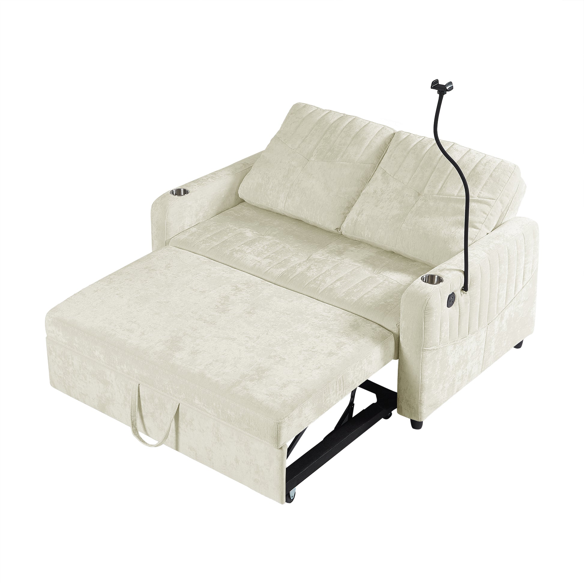 53.9" Modern Loveseat Pull Out Sofa Bed With Adjustable Backrest, Two Cup Holdersa Phone Holder, Three Charging Ports And Side Storage Pockets For Living Room, Beige Beige Foam Chenille