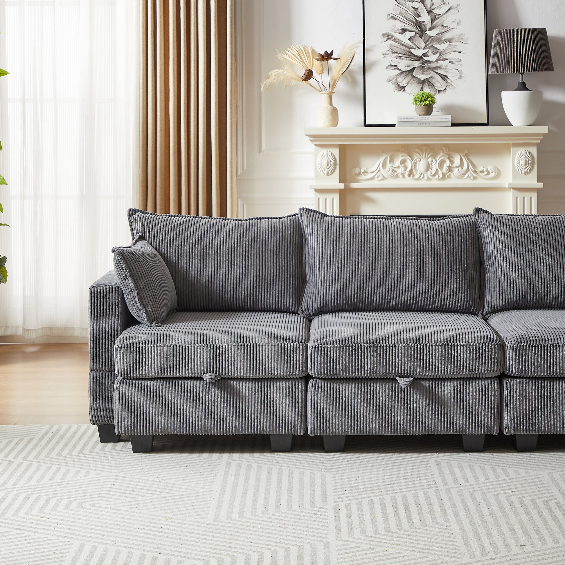 113.5'' Modular Sectiona Corduroy Sofa, Sectional Couches For Living Room U Shaped Sectional Couch With Storage Ottoman, 6 Seats Convertible Sectionals With Chaise Dark Gray Corduroy 6 Seat