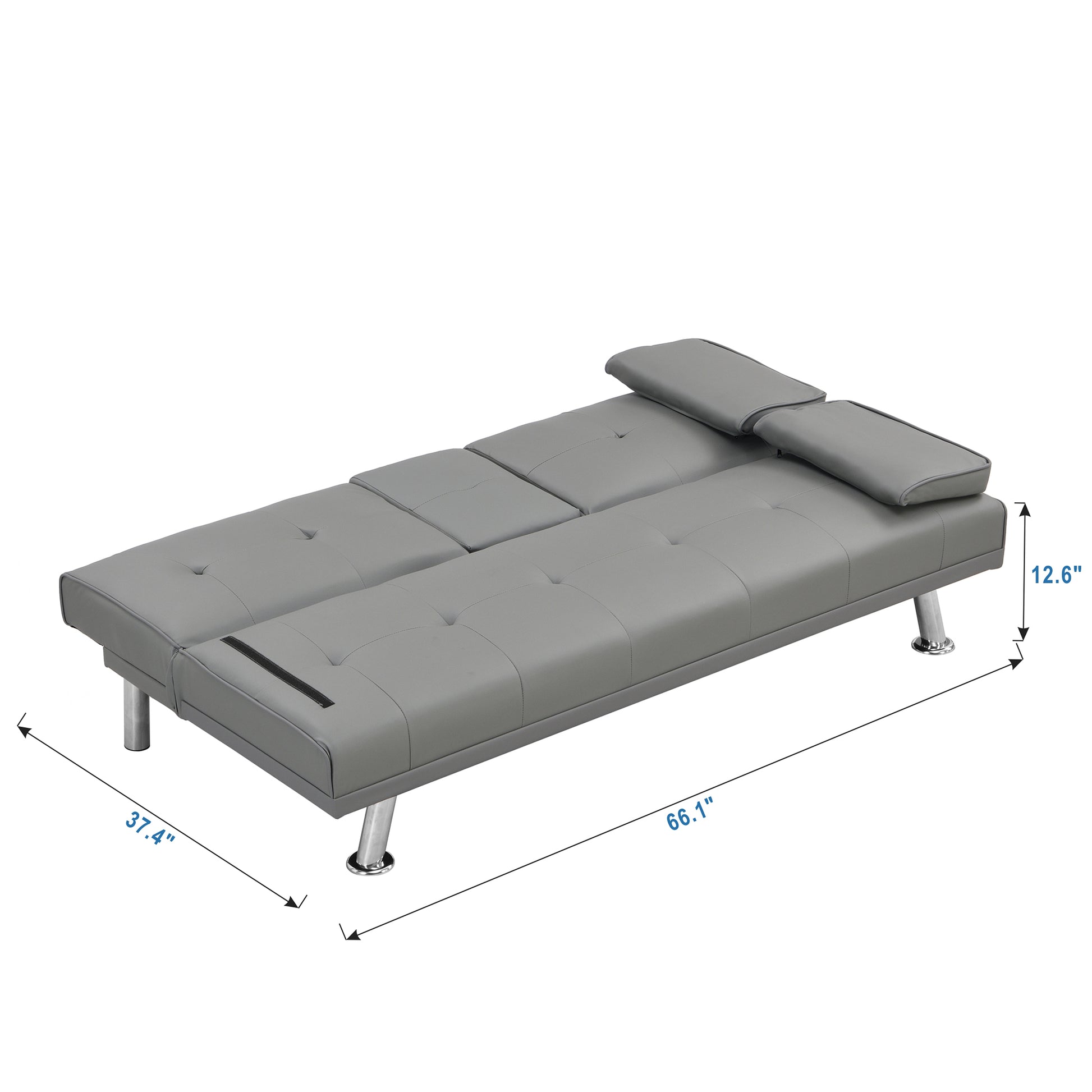 Sofa Bed With Armrest Two Holders Wood Frame, Stainless Leg, Futon Grey Pvc Grey Leather 2 Seat
