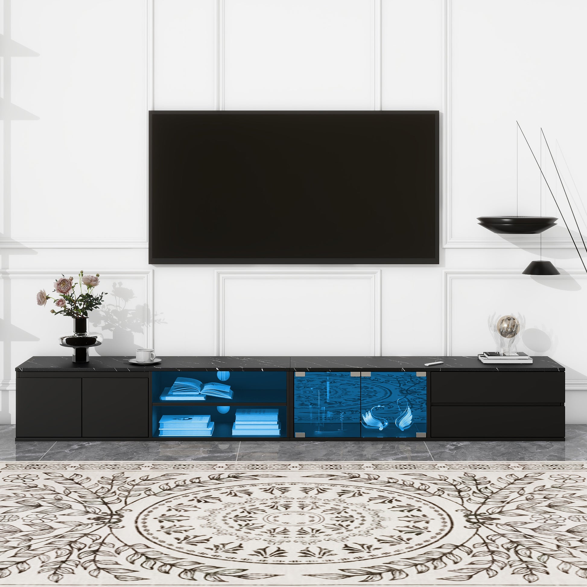 Modern App Controlled Led Tv Stand For Tvs Up To 105'', Faux Marble Tabletop Media Console With Tempered Glass Doors, Entertainment Center With 2 Drawers & Cabinets For Living Room, Black Black 90 Inches Or Larger Particle Board Mdf