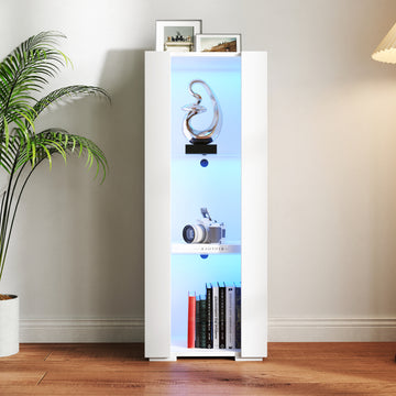 Storage Cabinets With Aluminum Strip Lamp,With Glass Shelves, For Living Room Bedroom Office White Particle Board Mdf