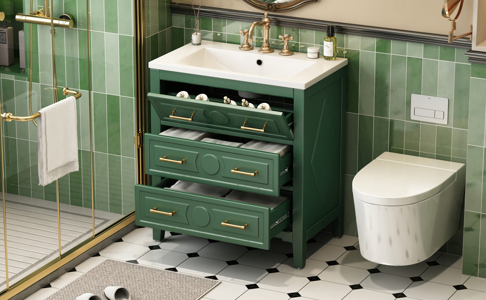 30'' Bathroom Vanity With Resin Sink Combo, Free Standing Single Vanity Set With 3 Drawers, Solid Wood Frame Bathroom Storage Cabinet, Green 3 Green Bathroom Freestanding Solid Wood Mdf Resin Painted