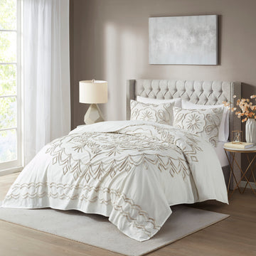 3 Piece Tufted Cotton Chenille Coverlet Set Ivory Taupe King Cal King Ivory Taupe Cotton