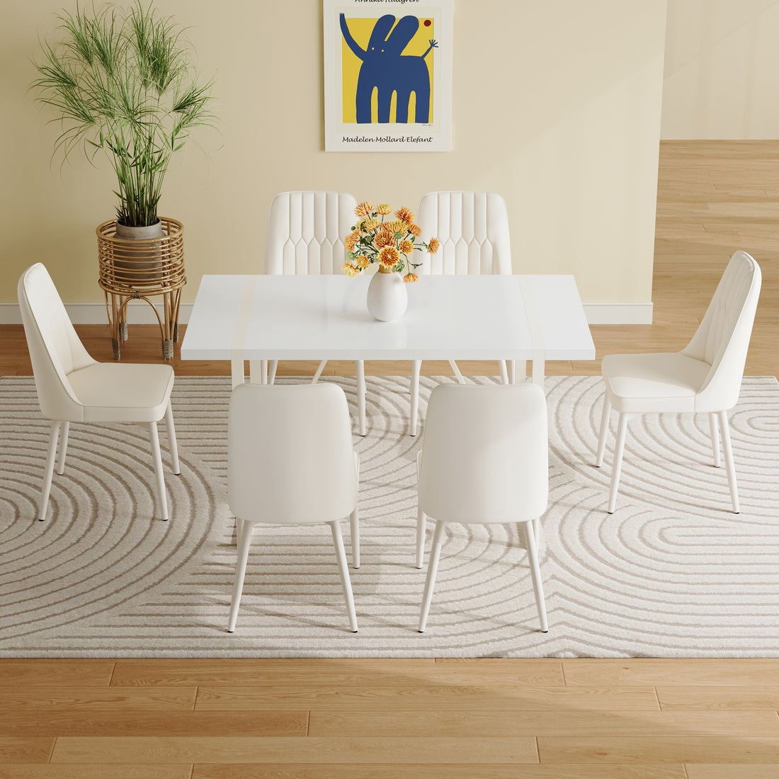 55"X31.5" Cream Style White Mdf Dining Table Set With 6 Armless Cream Style Chairs.Mdf Tabletop And Metal Frame Legs.Adding A Warm And Gentle Atmosphere To Your Family. White Seats 6 Mdf Metal