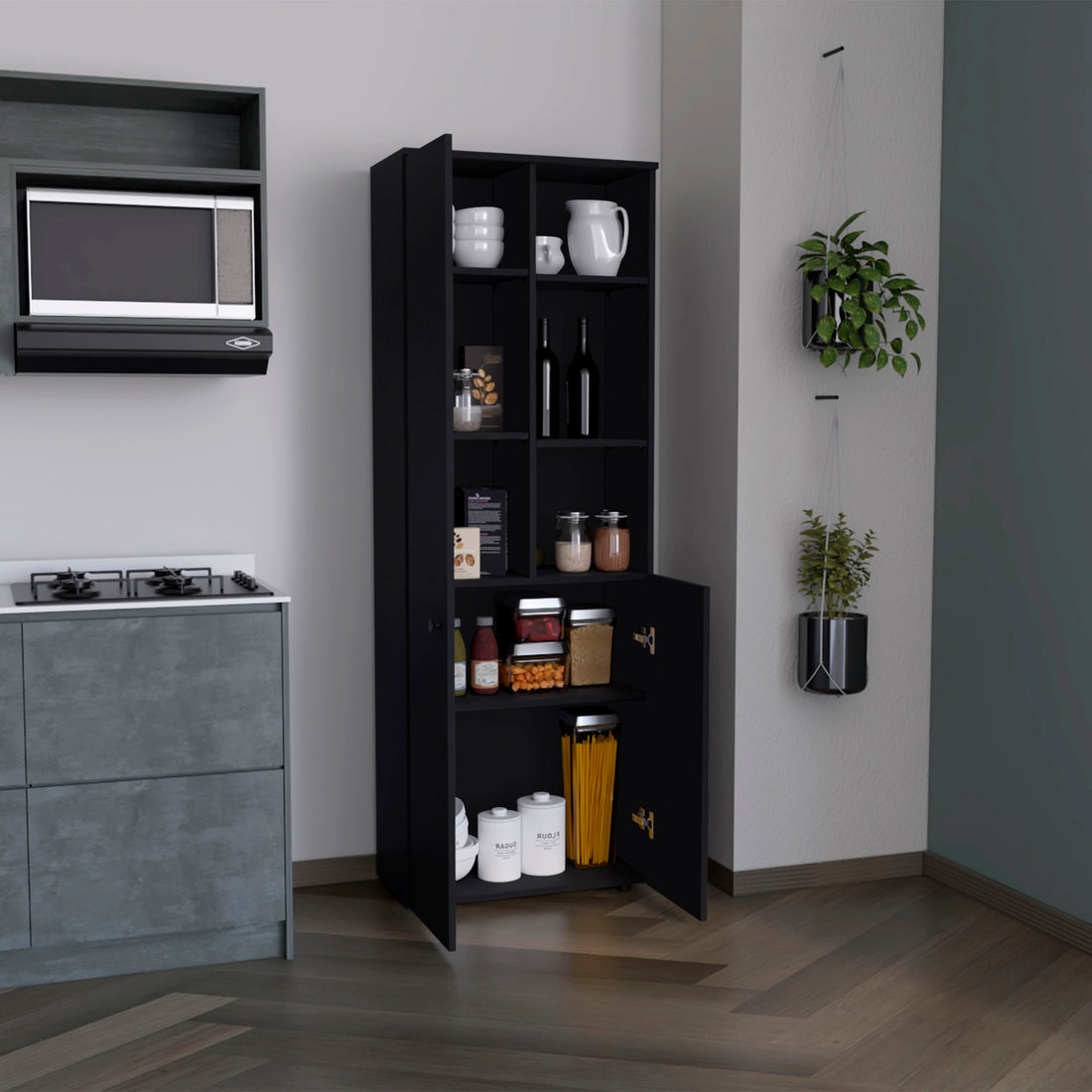 Riner Multistotage 67" H With 5 Tier Storage Shelves And 2 Doors, Black Black Solid Wood Mdf Engineered Wood