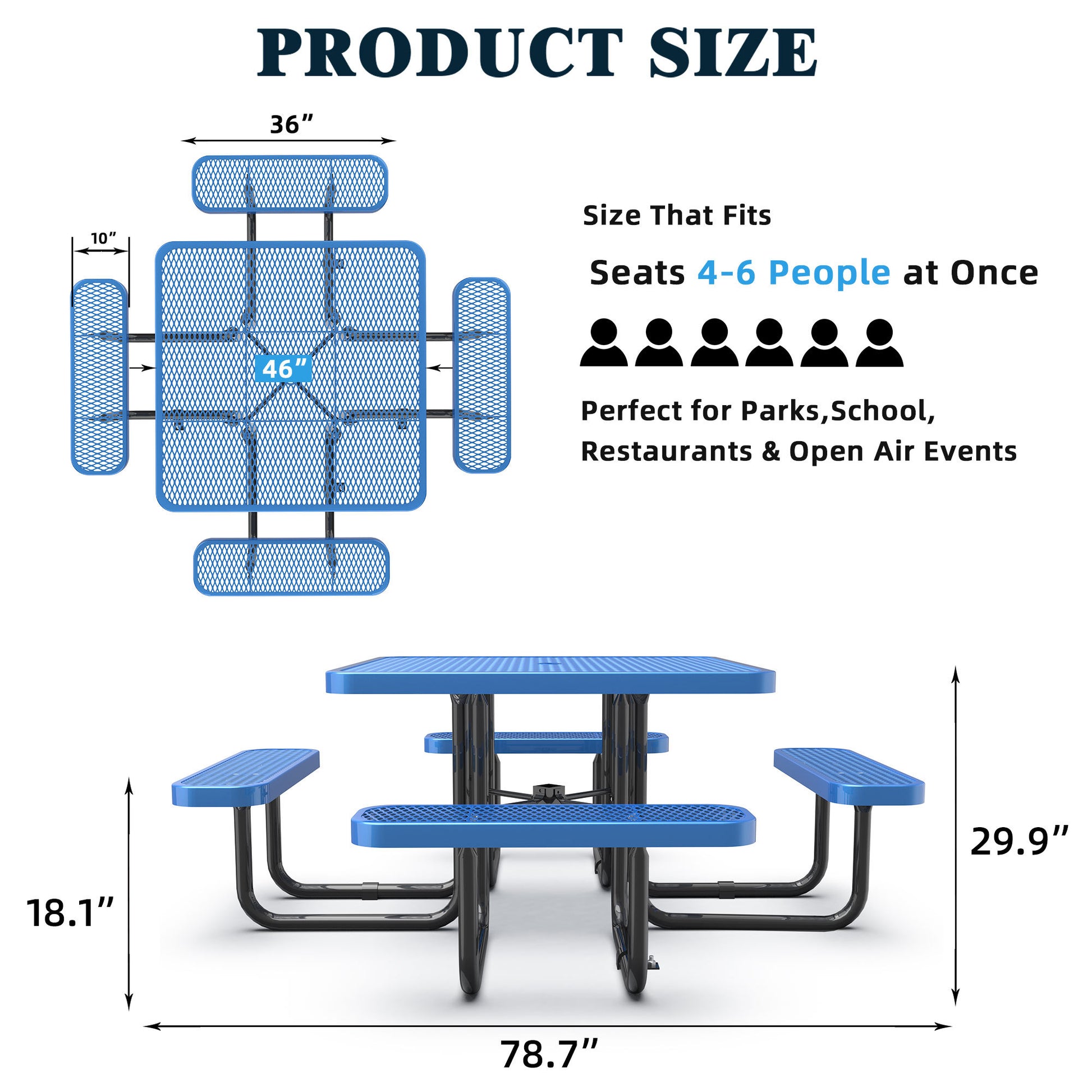 Square Outdoor Steel Picnic Table 46" Blue ,With Umbrella Pole,Blue Blue Steel Steel