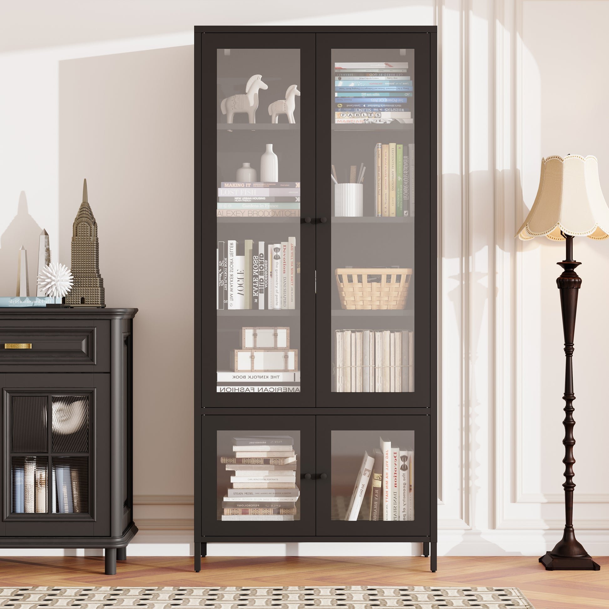 Large Metal Storage Cabinet Display Cabinet With 4 Glass Doors 5 Shelves Side Cabinet Bookcase Freestanding Cabinet For Bedroom Living Room Pantry Home Office Black, Reinforced Tempered Glass Freestanding 5 Or More Shelves Black Primary Living Space