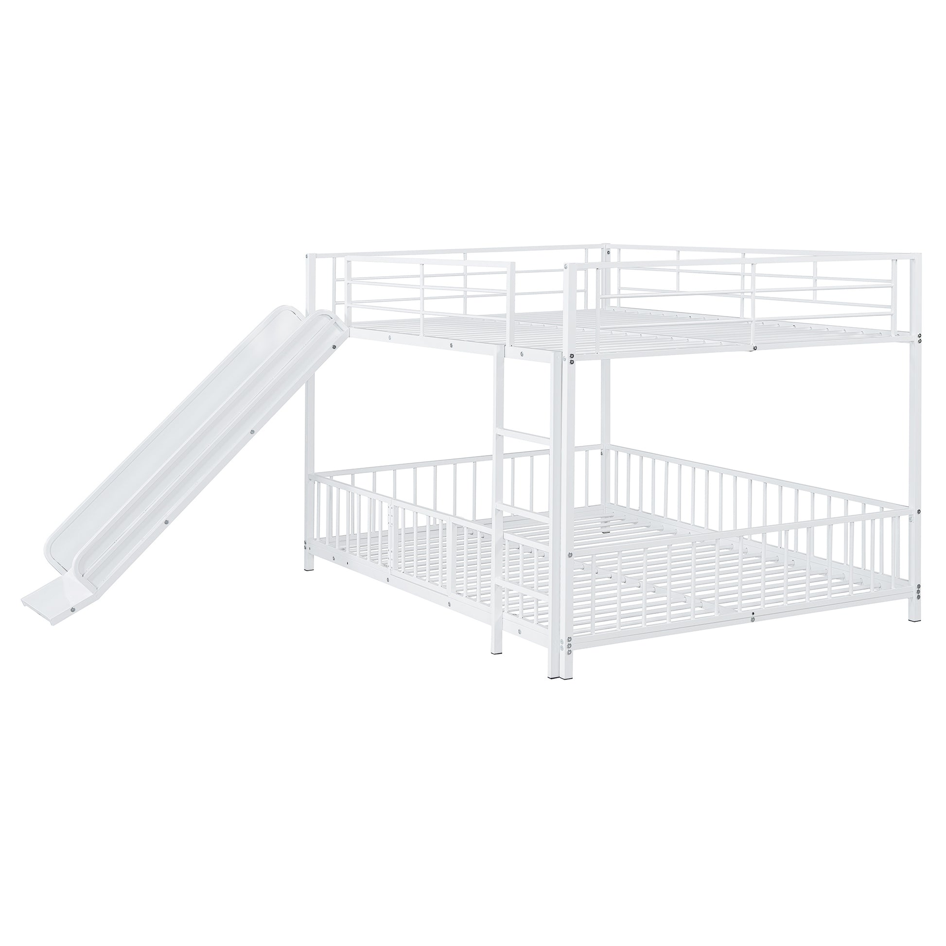 Full Over Full Size Metal Bunk Bed With Slide And Guardrails, White Full White Metal