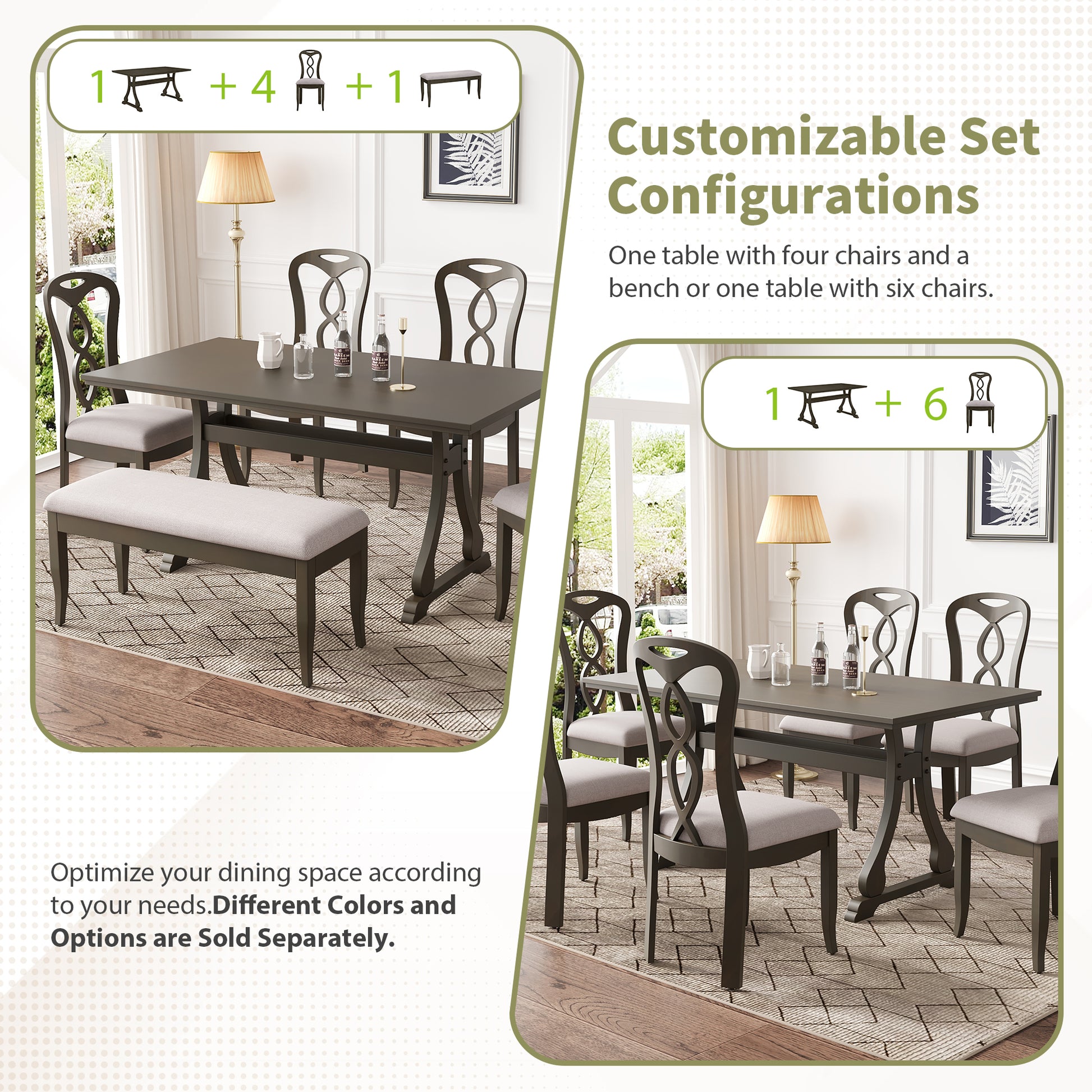 Retro 6 Piece Trestle Dining Table Set With Upholstered Dining Chairs And Dining Bench, Smooth Dining Backs For Dining Room, Living Room, Kitchen, Gray Gray Wood Dining Room Solid Wood Rubberwood Rectangular Dining Table With Chair And Bench Upholstered