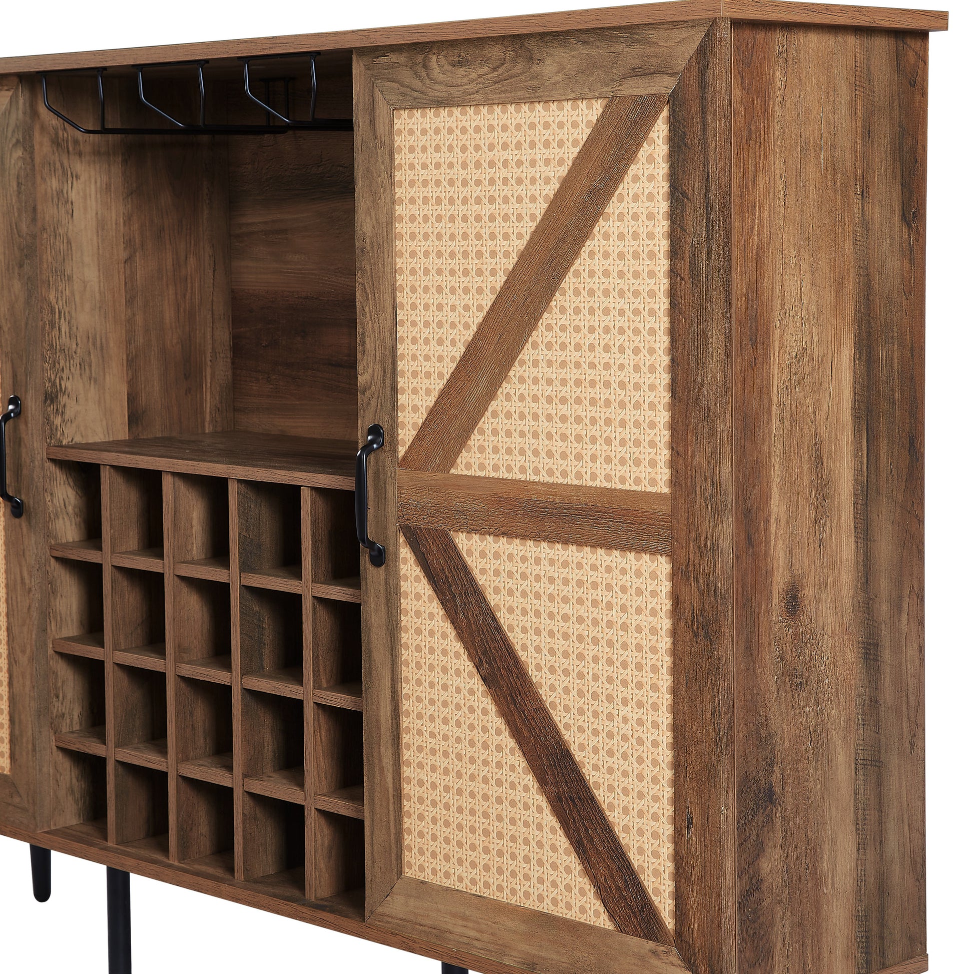 Oak Color Faux Rattan Barn Door Wine Cabinet With Wine Rack And Wine Glass Rack, Double Door Design With Removable Shelves, Rustic Wood Storage Cabinet Oak Particle Board Mdf