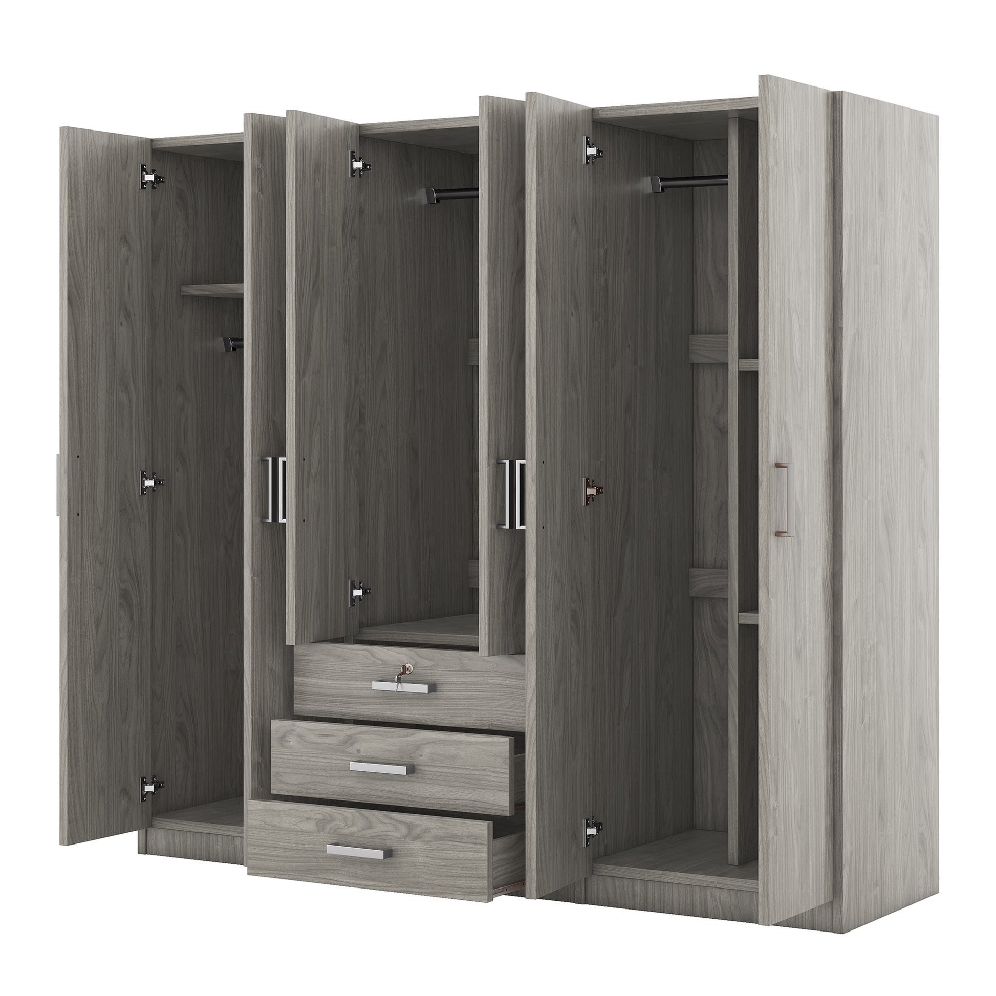 6 Doors Wooden Wardrobe Storage For Bedroom, With Big Drawers, Gray Gray Plywood