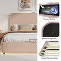 Upholstered Platform Full Size Hydraulic Storage Bed, Lift Up Storage Bed With Rgb Led Light, Bluetooth Speaker, No Box Spring Needed, Lychee Velvet,Pink Full Pink Velvet Fabric Metal