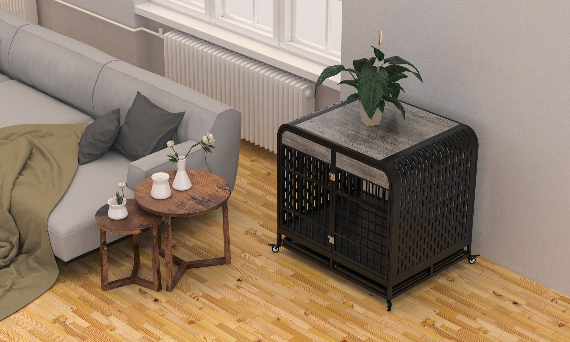 Heavy Duty Dog Crate Furniture Wooden Table Pet Dog Cage Kennel House Indoor Side End Table Decor With Removable Trays And Lockable Wheels For Medium And Large Dogs 42" Grey Grey Outdoor Kennel Large 41 70 Lbs Mdf Steel