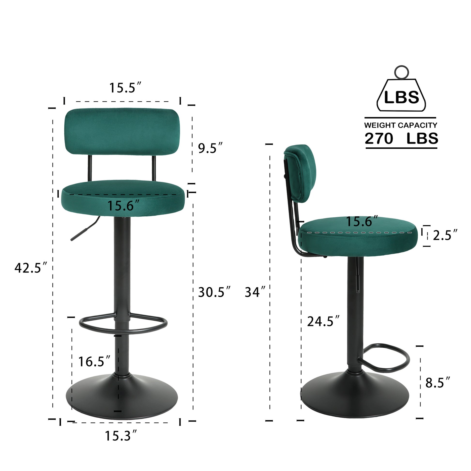 Modern Bar Stools Set Of 2,Curved Backrest Upholstered Counter Height Bar Stools,Adjustable Bar Stool 24.5" 30.5", Swivel Counter Stools For Kitchen Home Green Velvet