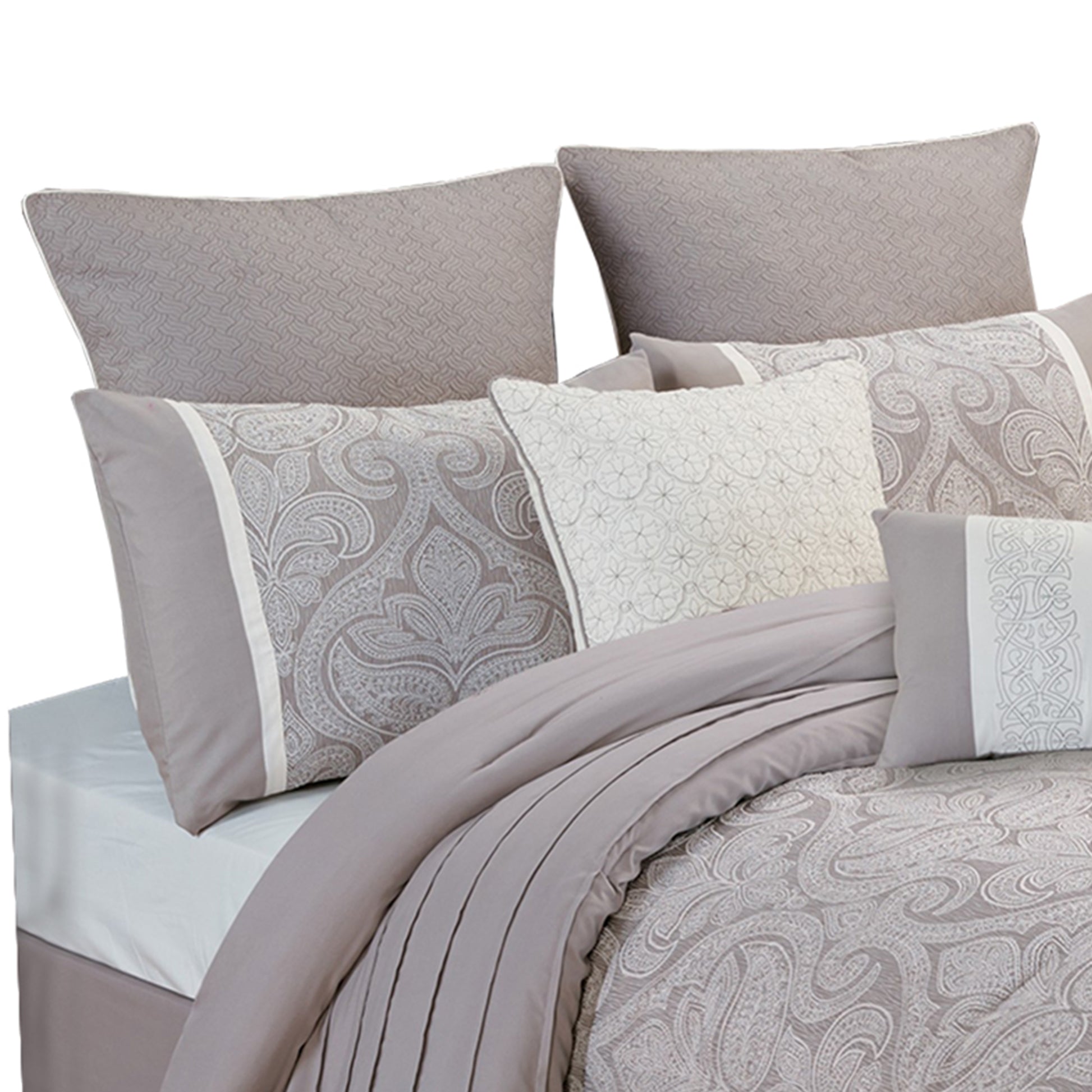 Queen Size 9 Piece Fabric Comforter Set With Medallion Prints, White Queen Multicolor Fabric