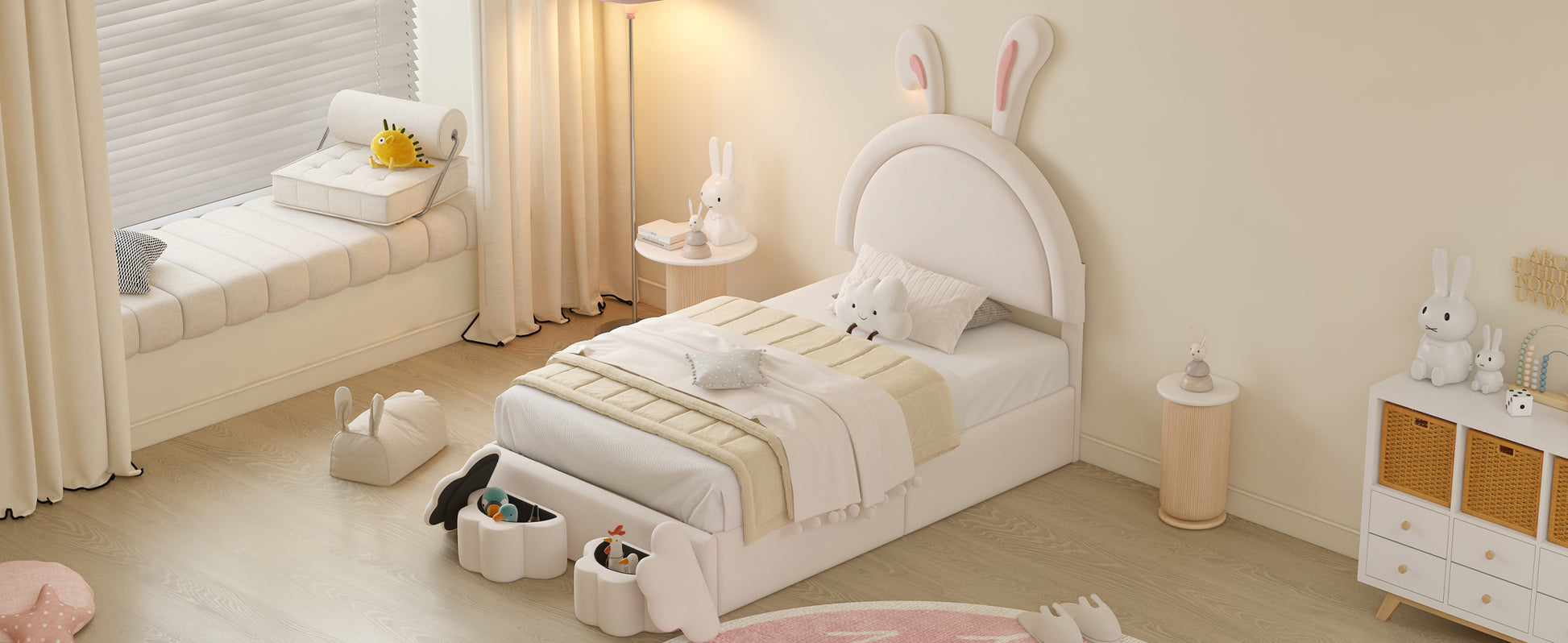 Twin Size Upholstered Rabbit Shape Bed With 2 Storage Stools, Velvet Platform Bed With Cartoon Ears Shaped Headboard, White Twin White Wood