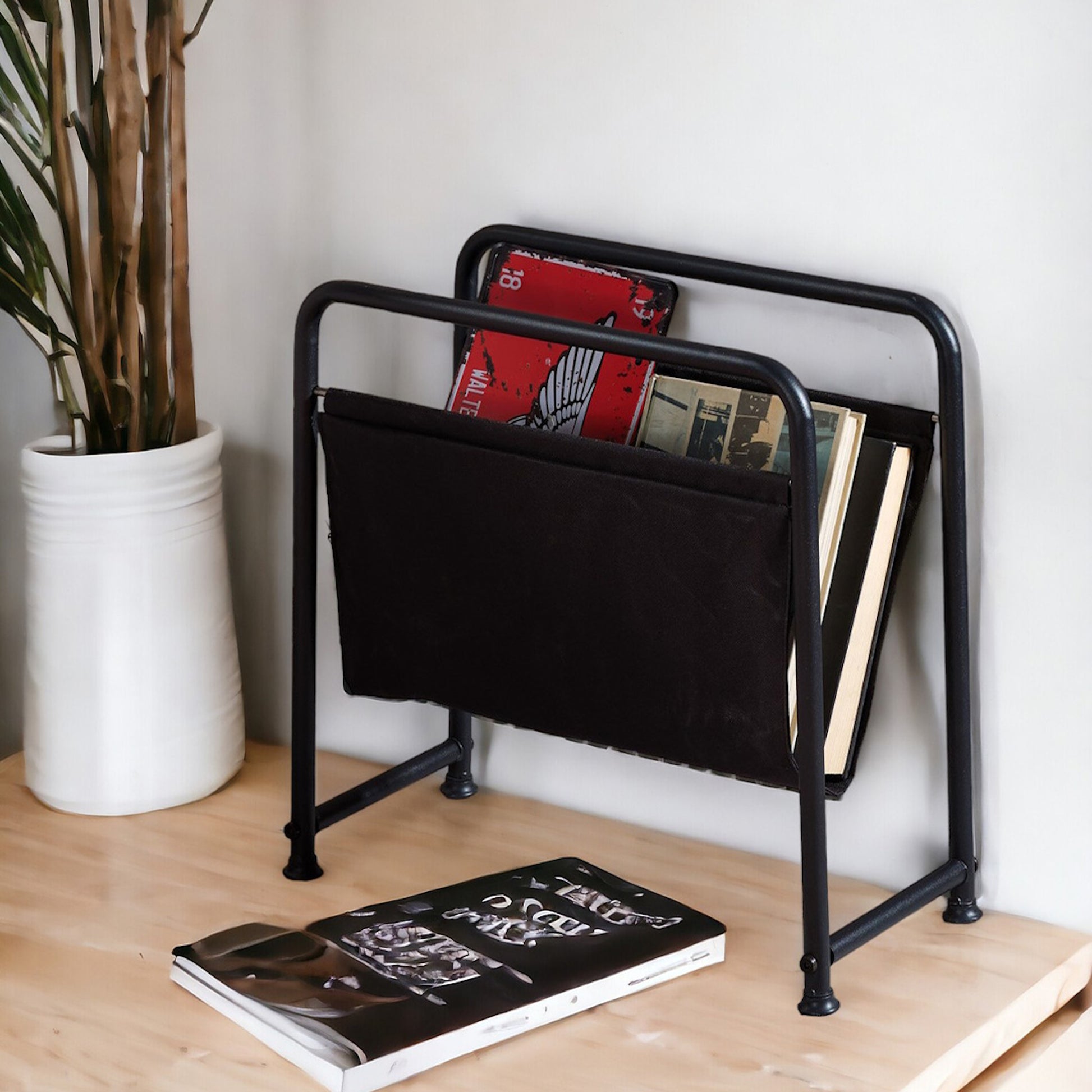 Luciano Magazine Holder Black Black Contemporary Vinyl Metal