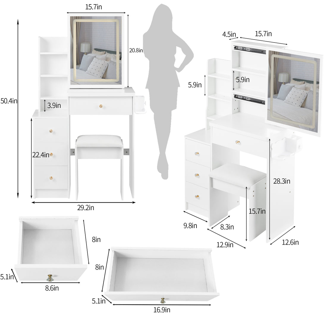 Small Size Left Bedside Cabinet Vanity Table Cushioned Stool, 2 Ac 2 Usb Power Station, Hair Dryer Bracket, Extra Large Touch Control Sliding Led Mirror, Tri Color Switching, Epa,Gcc,Ul Certificate