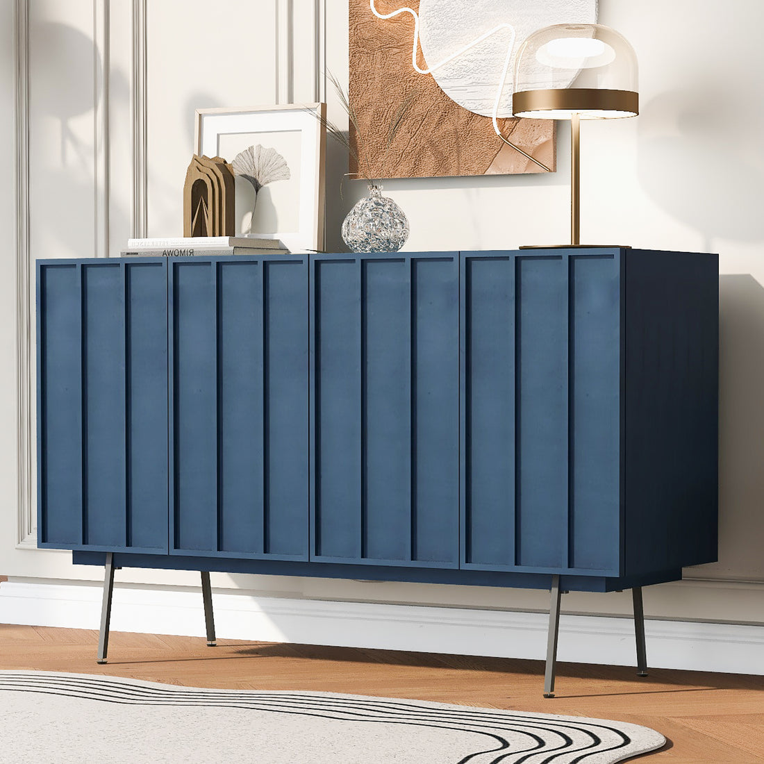 Modern Cabinet With 4 Doors, Suitable For Living Rooms, Entrance And Study Rooms. Navy Blue Mdf